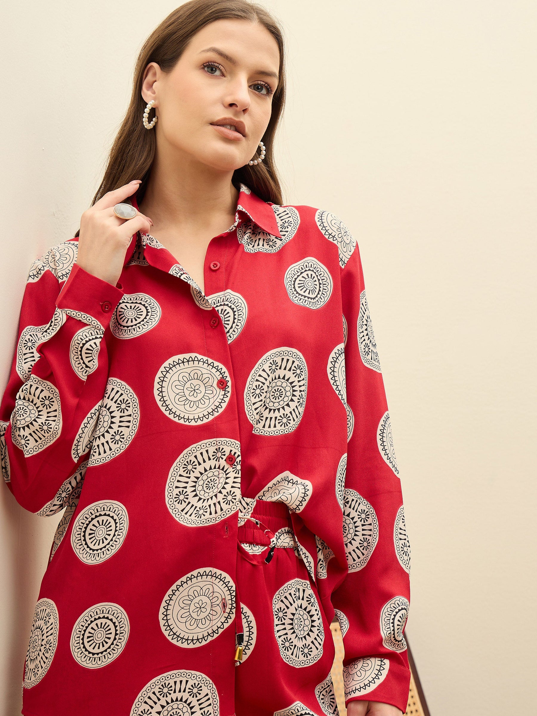 Maroon Printed Oversize Shirt With Box Pocket Pants-SASSAFRAS