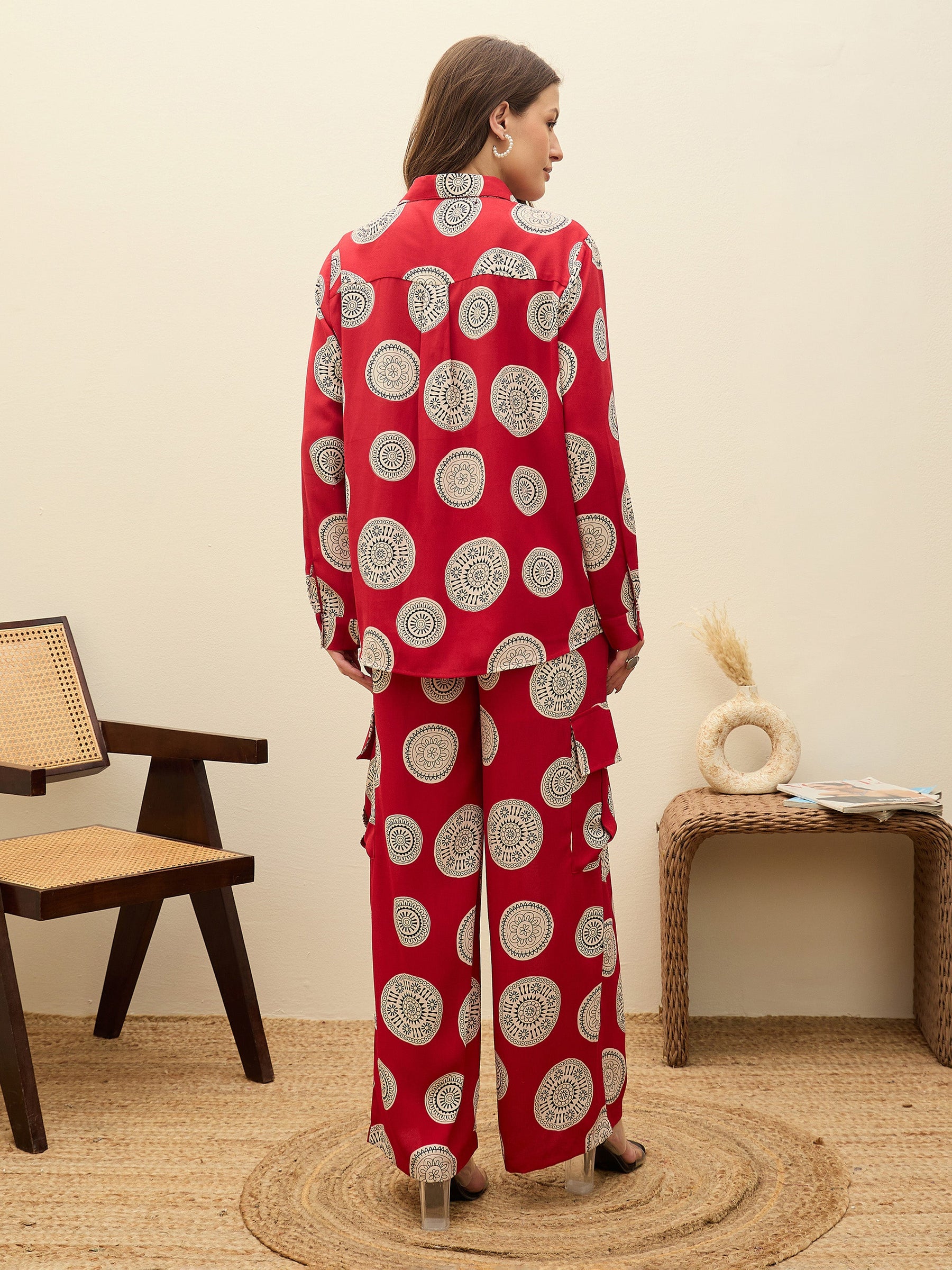 Maroon Printed Oversize Shirt With Box Pocket Pants-SASSAFRAS