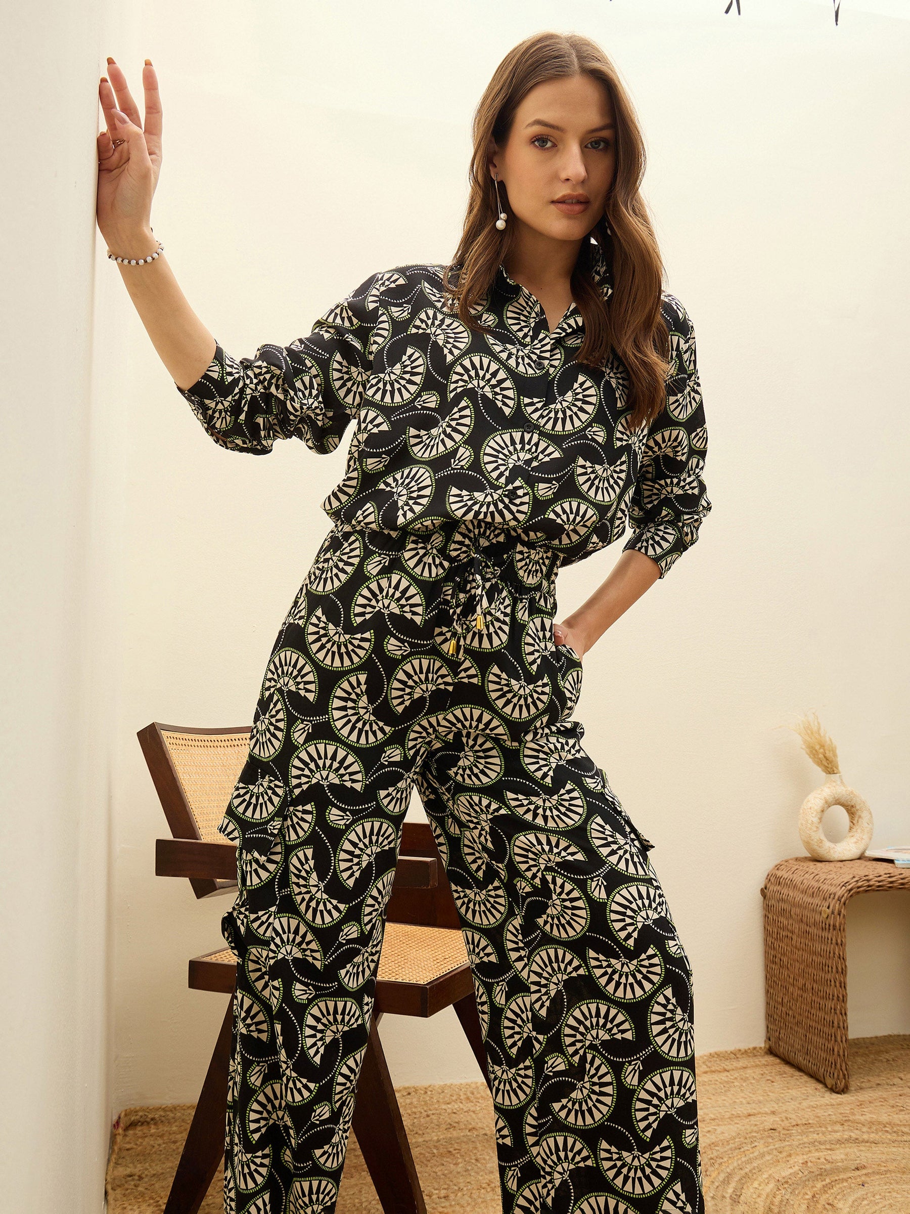 Black Printed Oversize Shirt With Box Pocket Pants-SASSAFRAS
