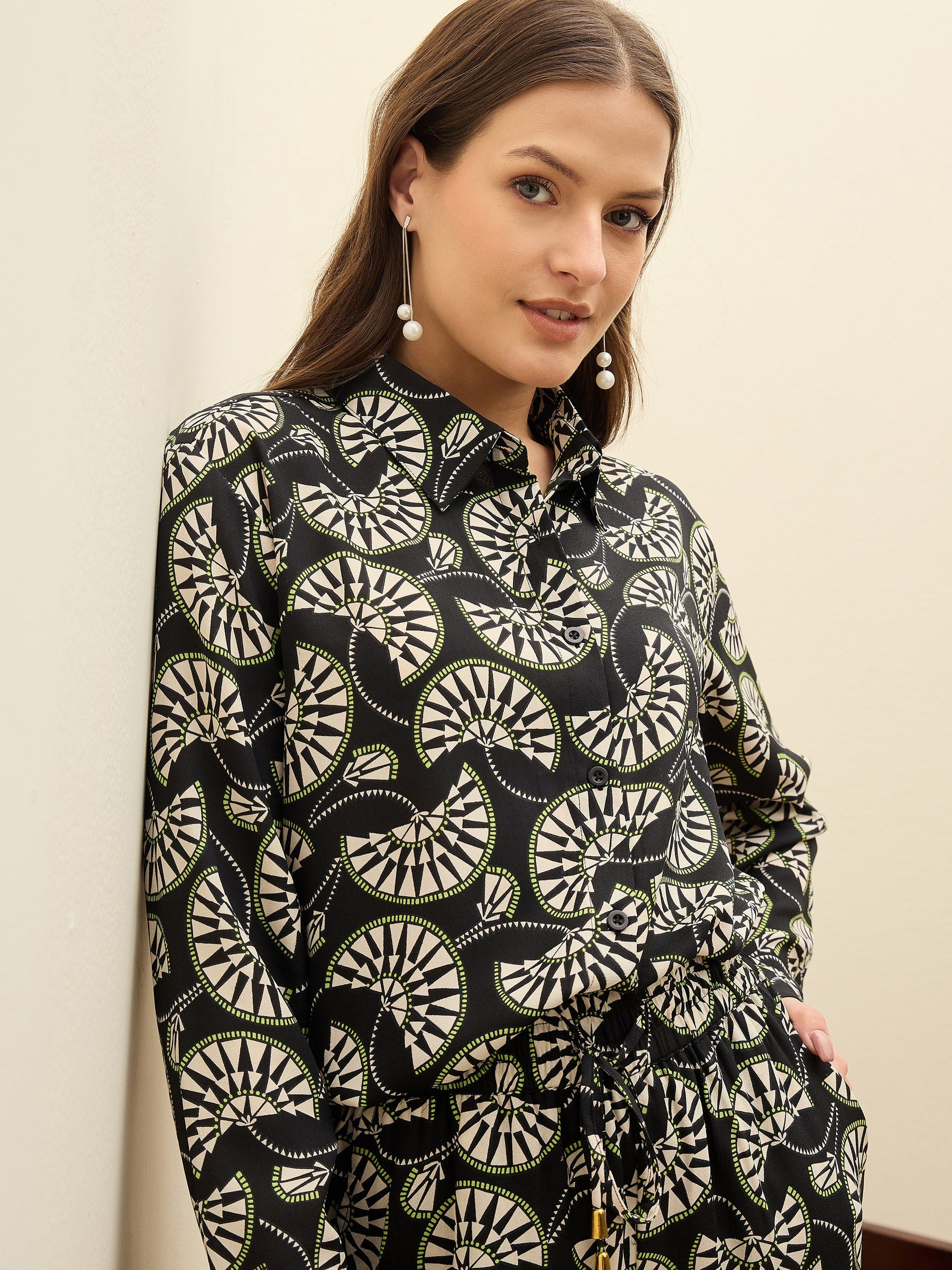 Black Printed Oversize Shirt With Box Pocket Pants-SASSAFRAS