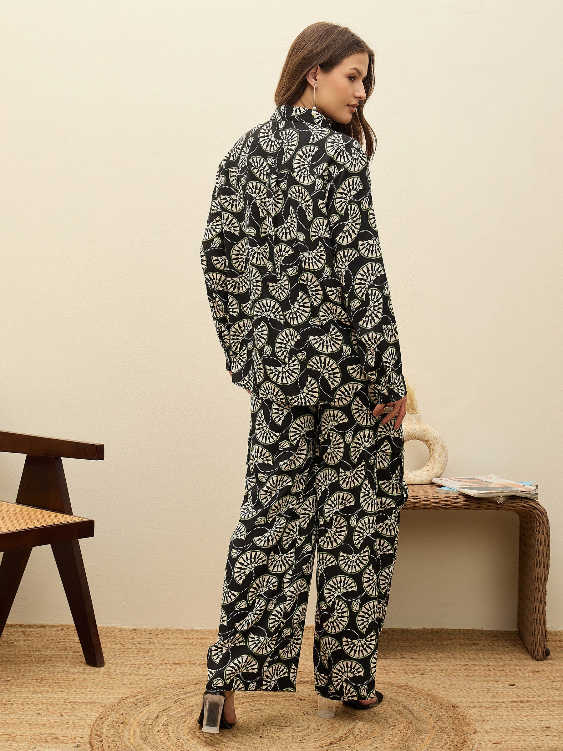 Black Printed Oversize Shirt With Box Pocket Pants-SASSAFRAS
