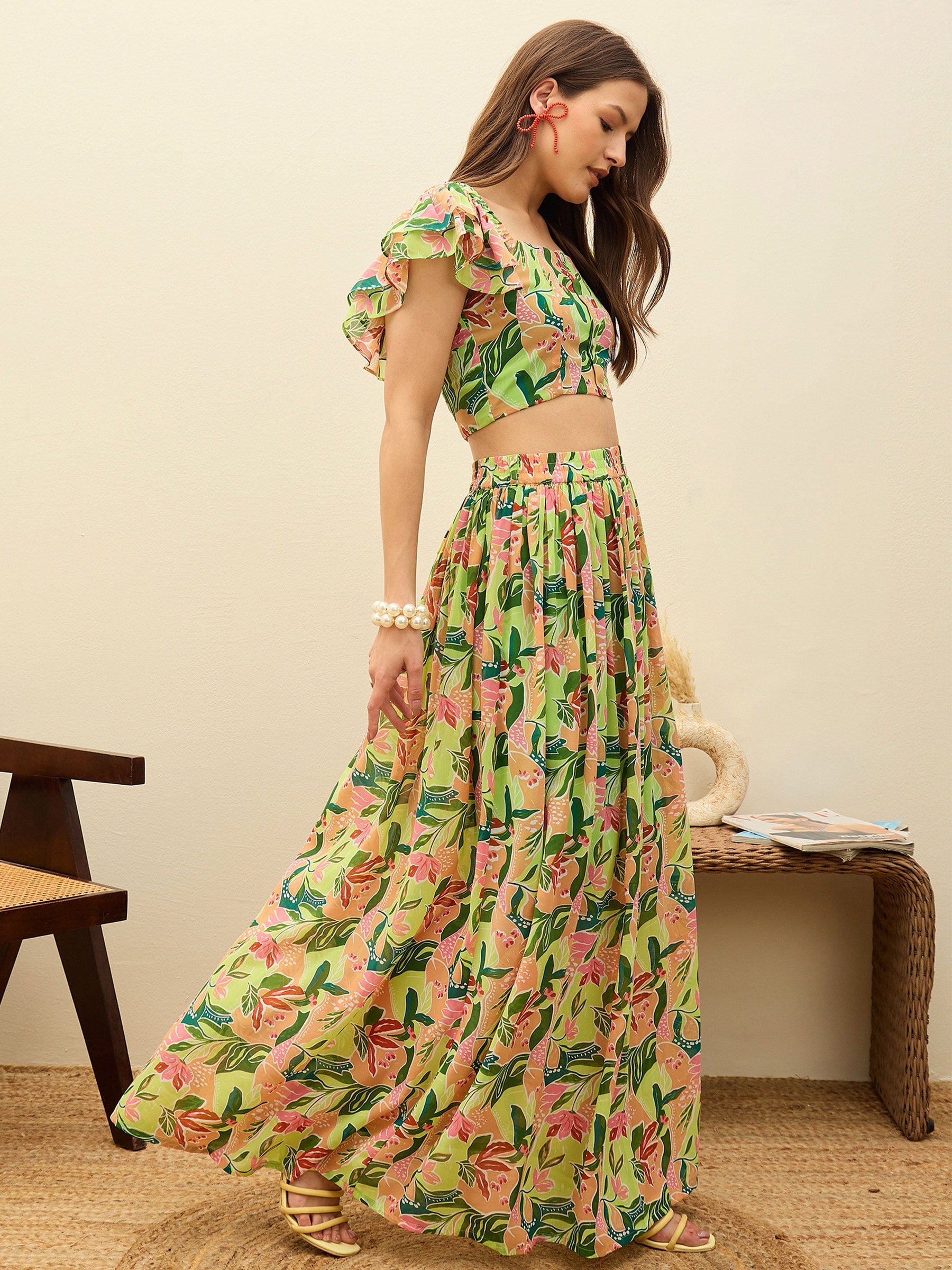 Green Floral Strappy Crop Top With Maxi Skirt-SASSAFRAS