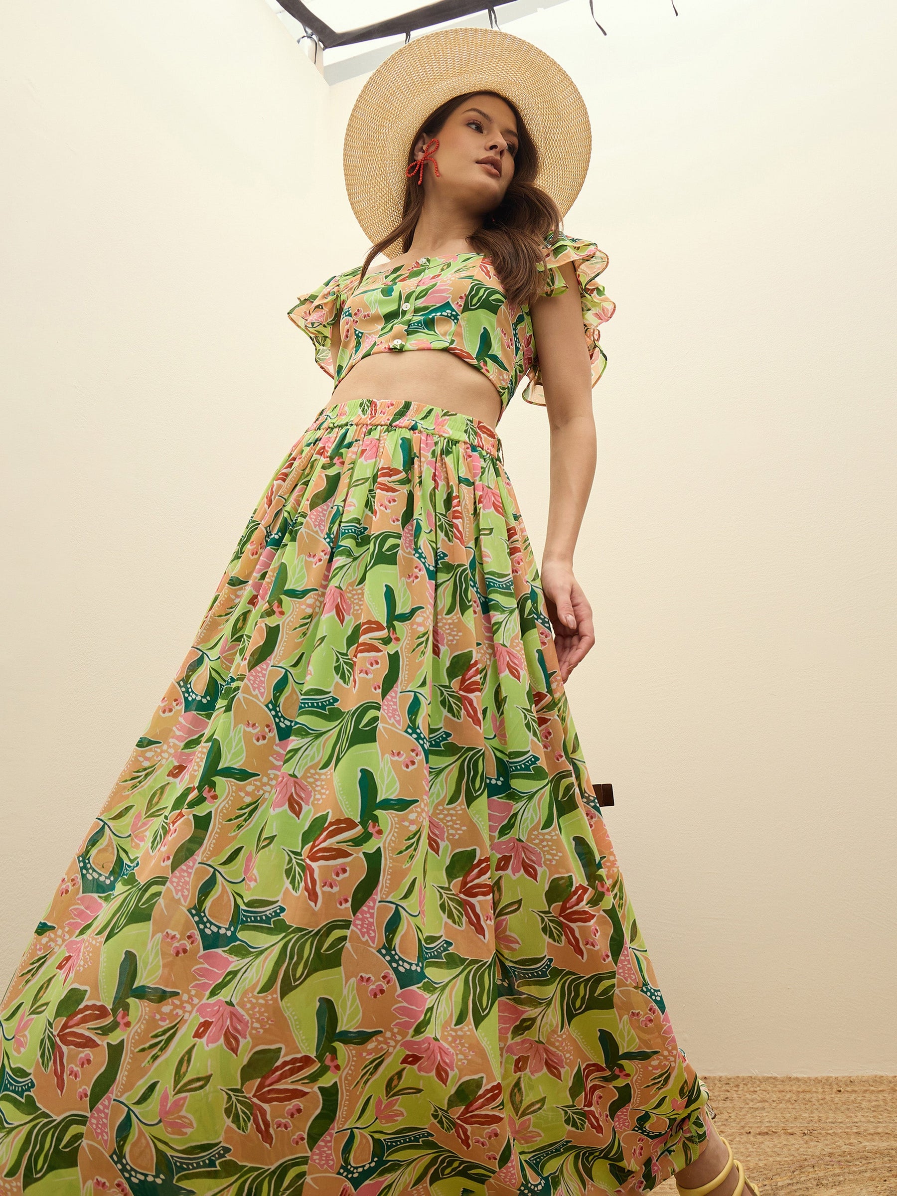 Green Floral Strappy Crop Top With Maxi Skirt-SASSAFRAS