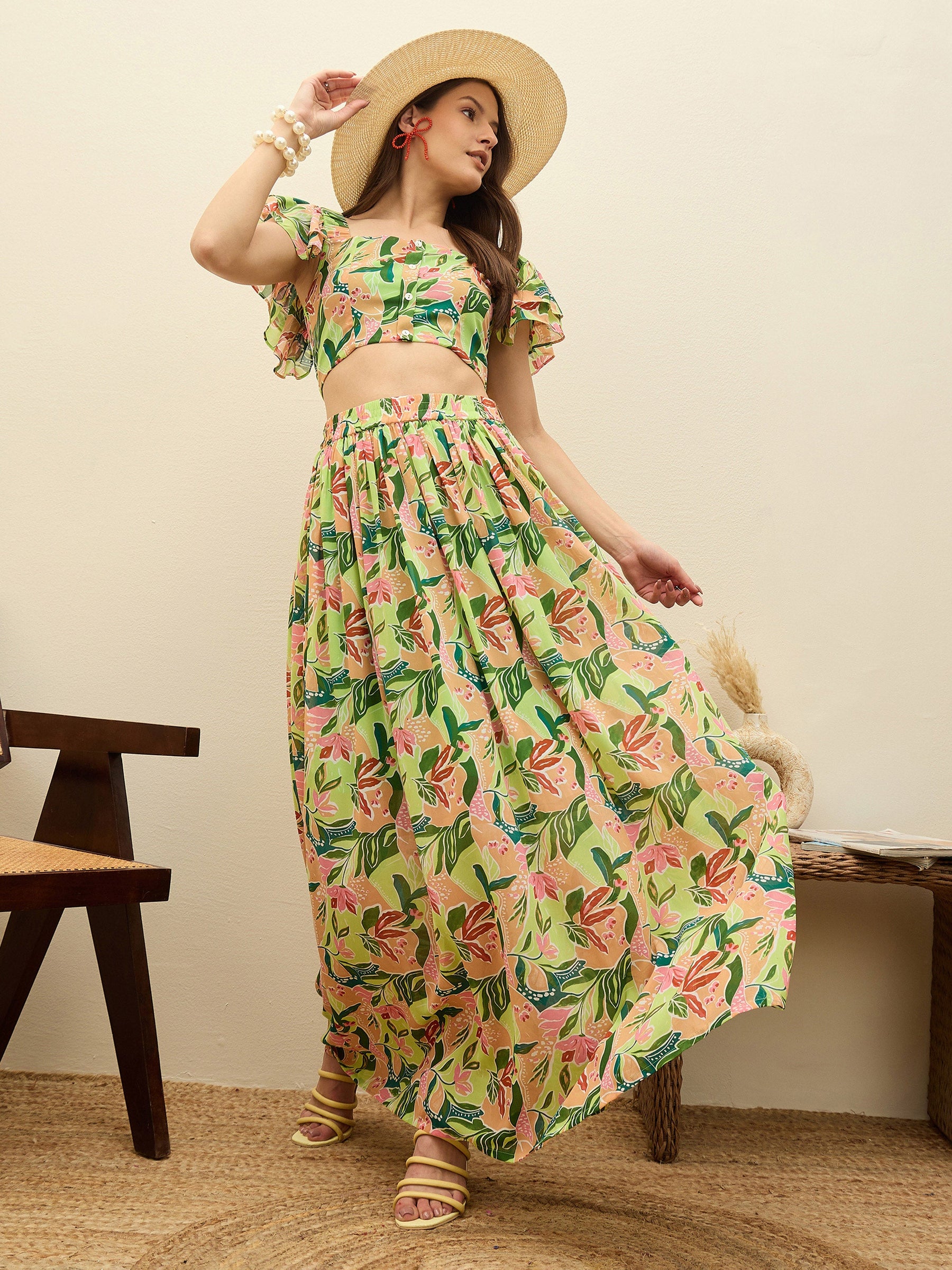 Green Floral Strappy Crop Top With Maxi Skirt-SASSAFRAS