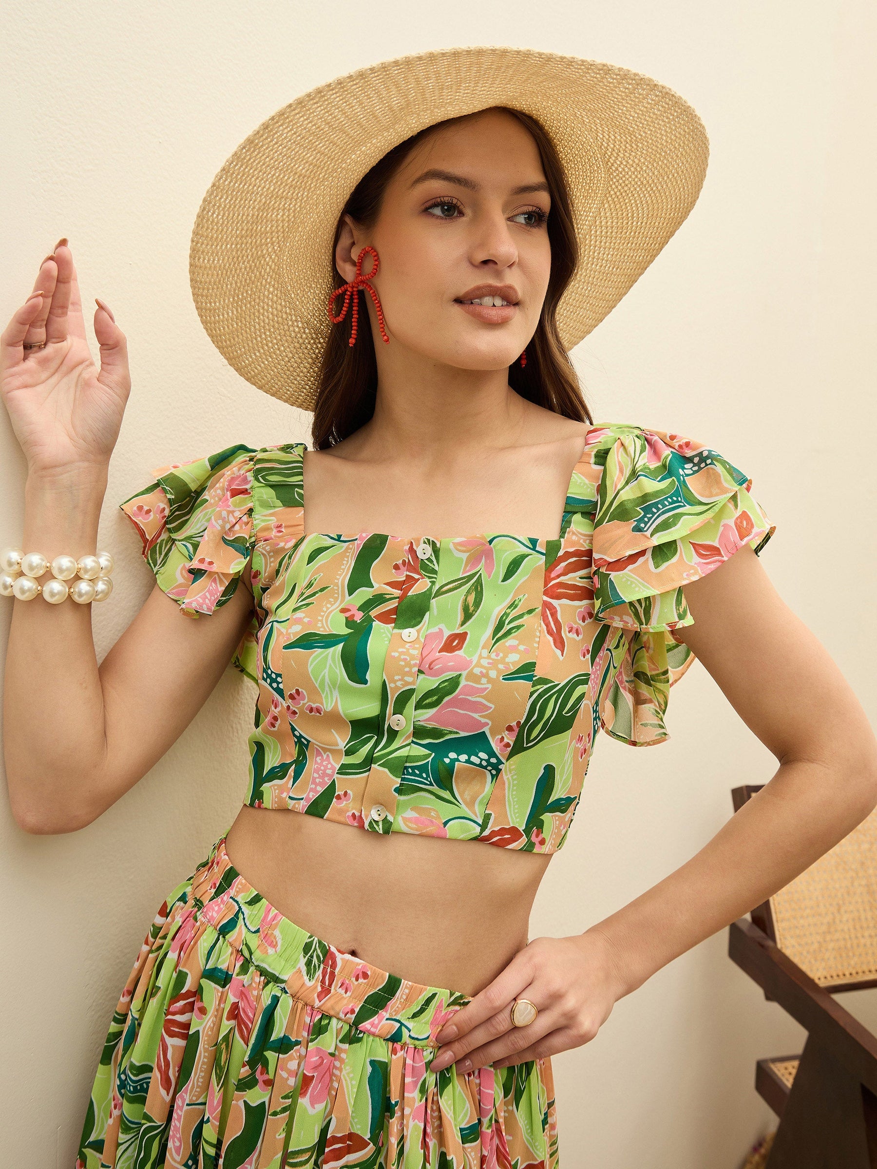 Green Floral Strappy Crop Top With Maxi Skirt-SASSAFRAS