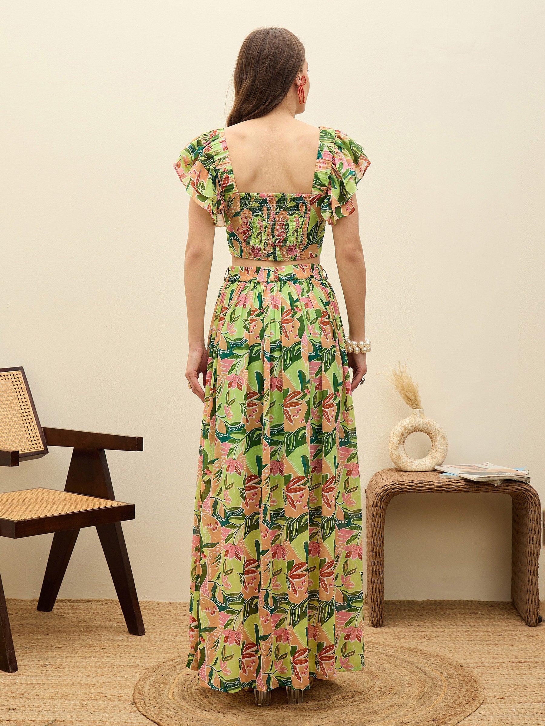 Green Floral Strappy Crop Top With Maxi Skirt-SASSAFRAS