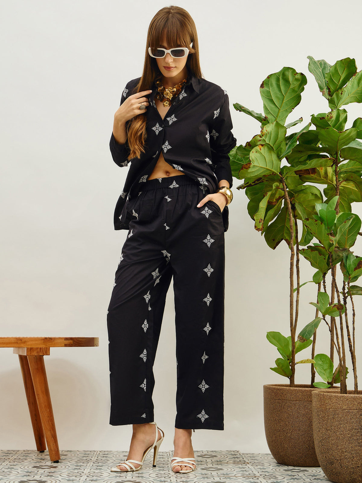 Black Embroidered Shirt With Straight Pants-Pink Paprika By SASSAFRAS