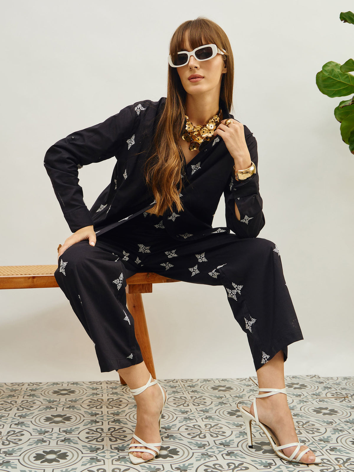 Black Embroidered Shirt With Straight Pants-Pink Paprika By SASSAFRAS