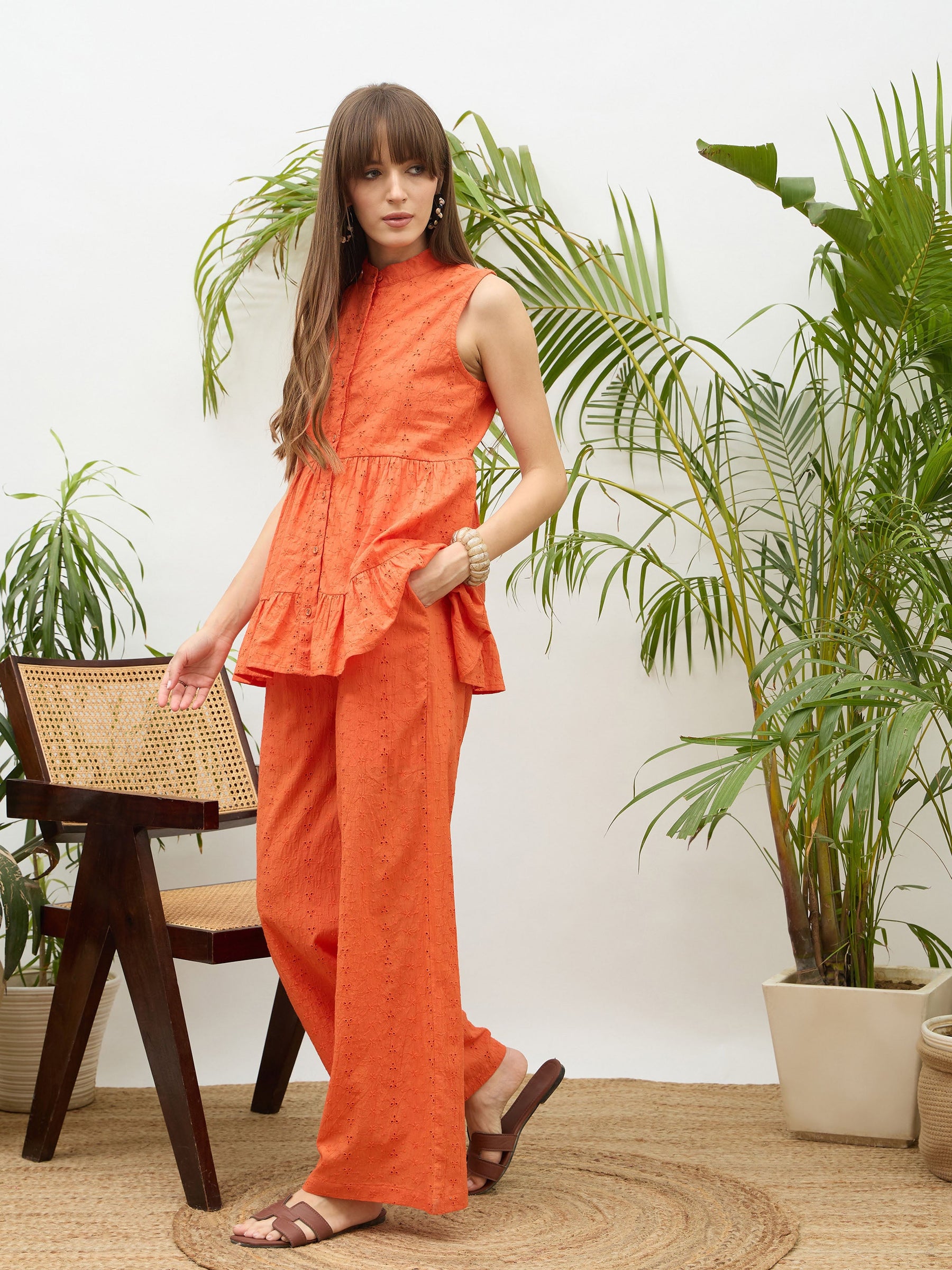 Orange Schiffli Tiered Shirt With Palazzo Pants-SASSAFRAS