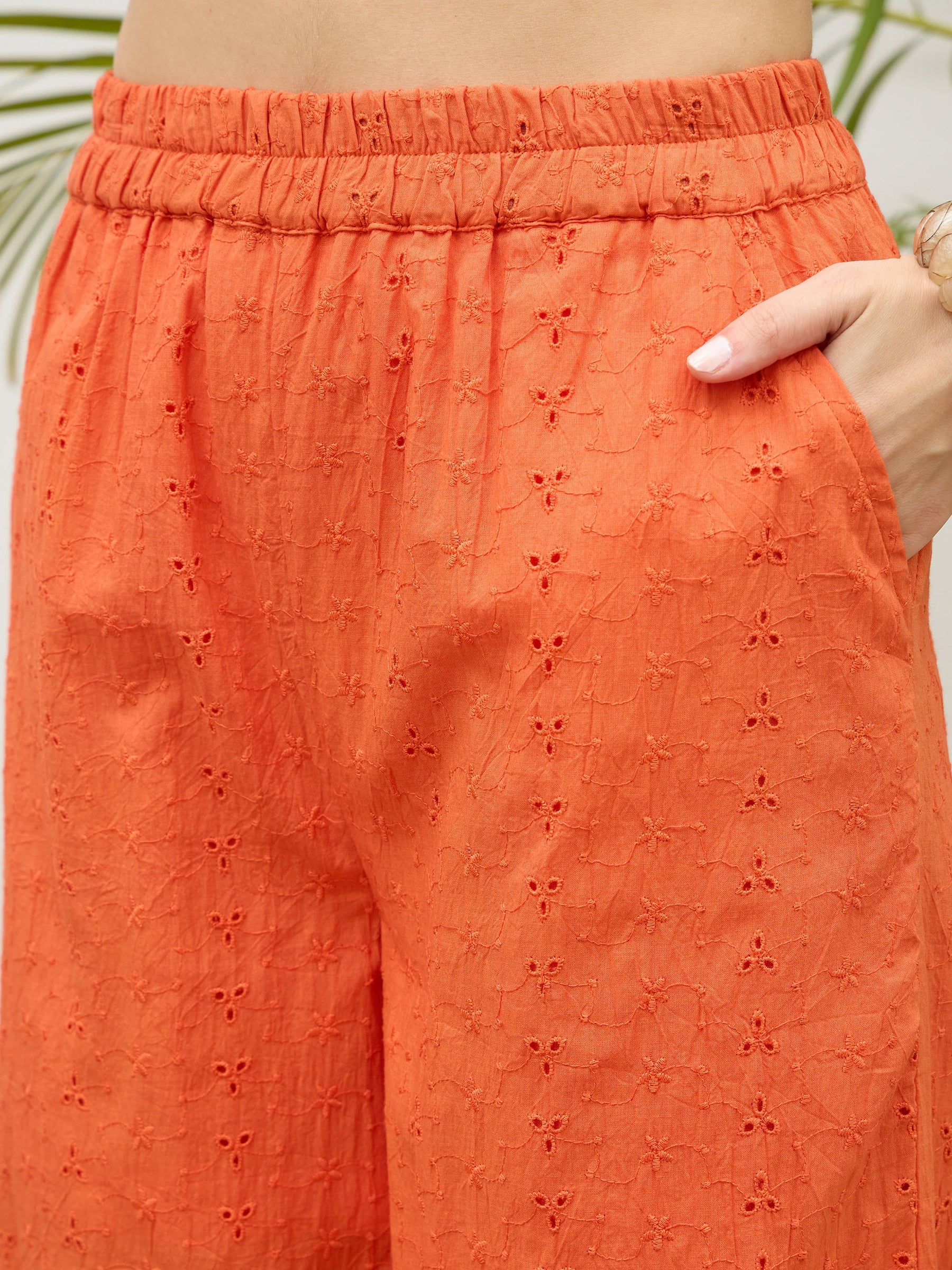 Orange Schiffli Tiered Shirt With Palazzo Pants-SASSAFRAS