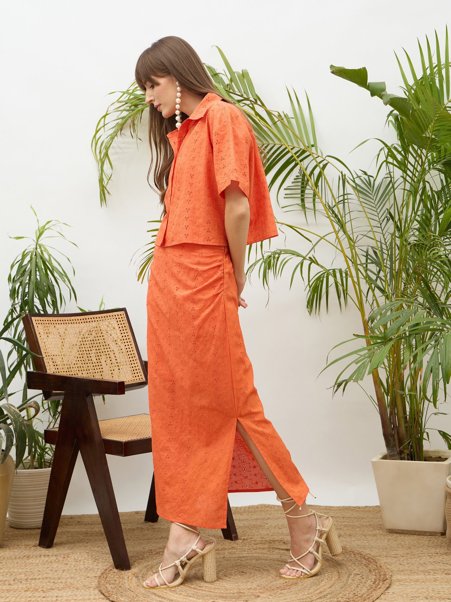 Orange Schiffli Shirt with Skirt-SASSAFRAS