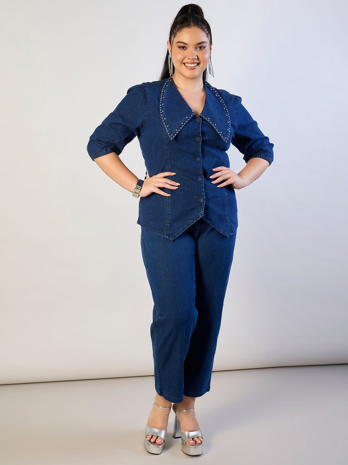 Blue Blast Denim Peter Pan Top With Mom Fit Jeans-SASSAFRAS CURVE