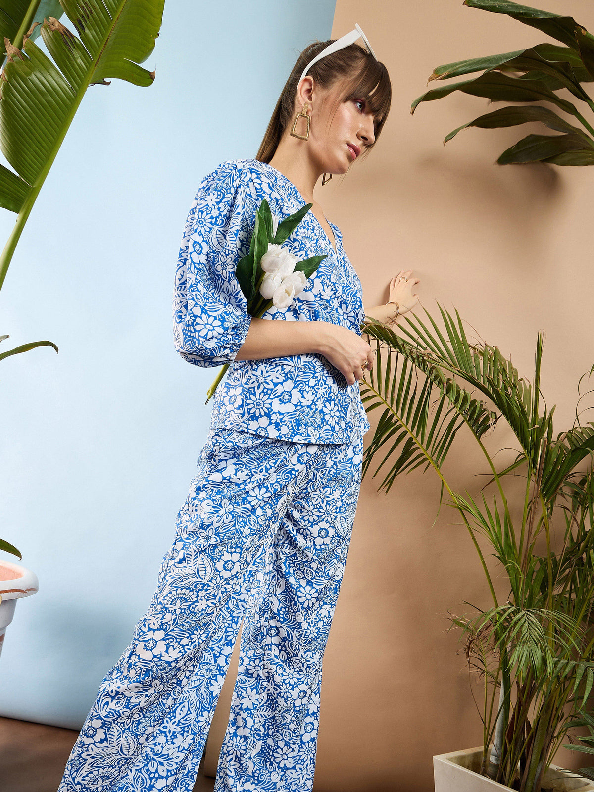Blue Floral Wrap Top With Palazzos-SASSAFRAS