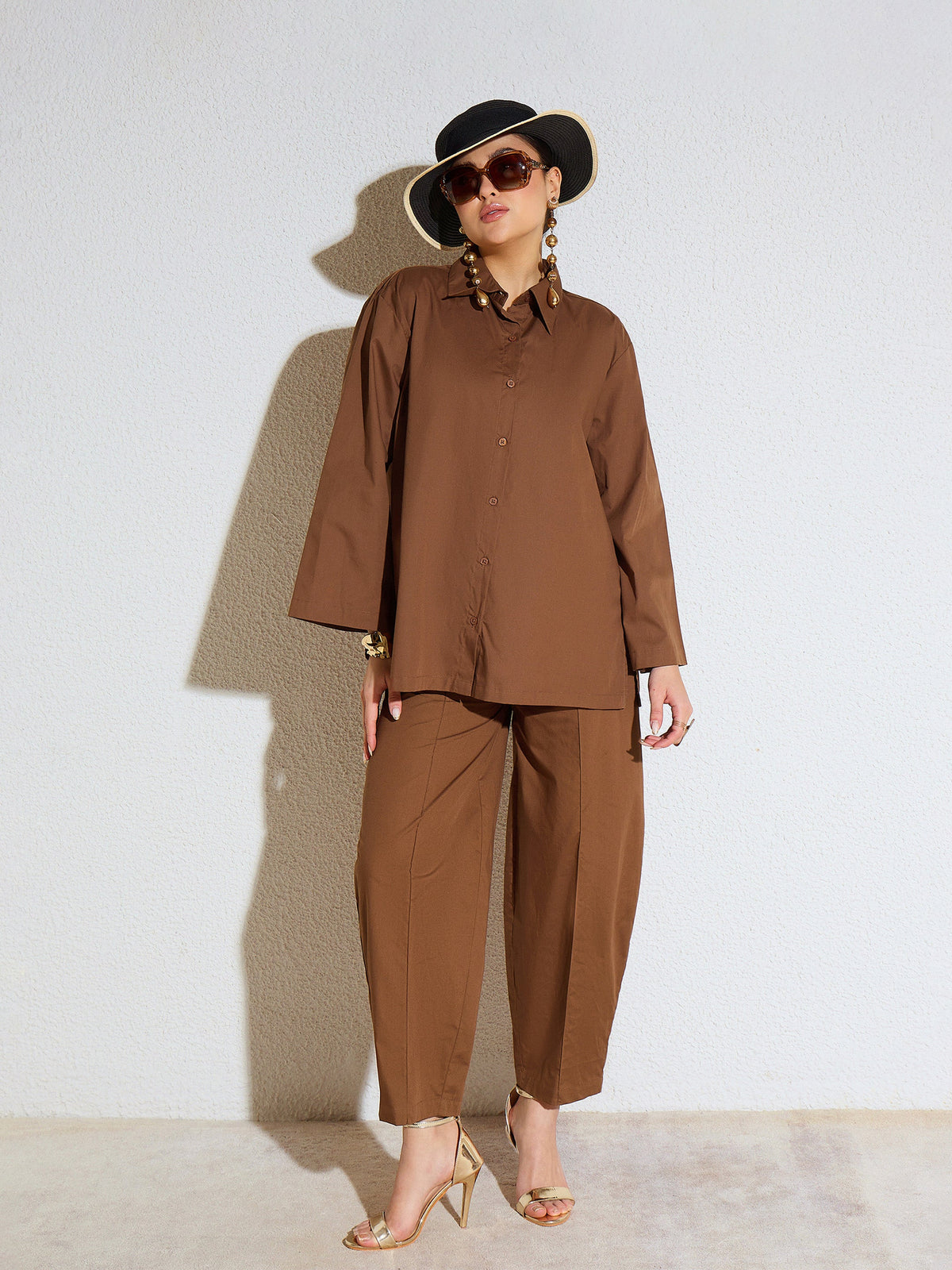 Brown Poplin Oversize Shirt With Mom Fit Pants-SASSAFRAS