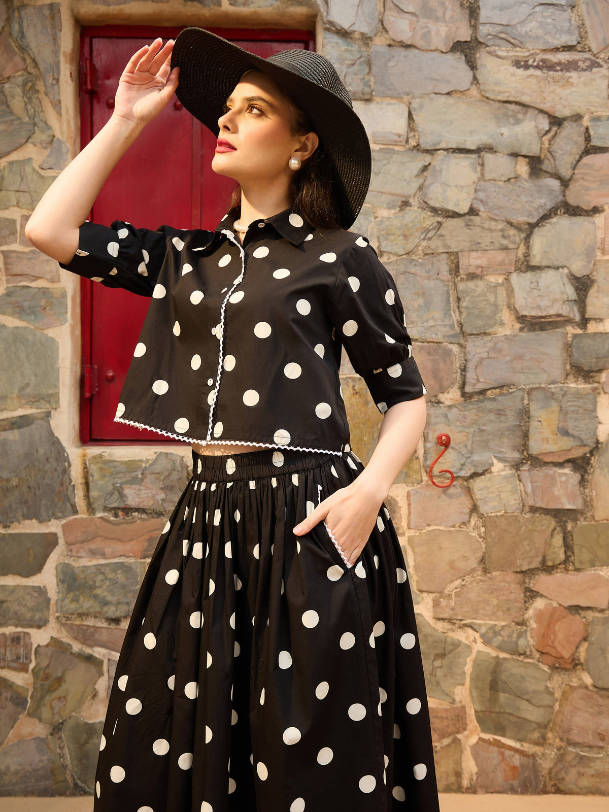 Black & White Big Polka Dot Shirt With Skirt-Pink Paprika By SASSAFRAS