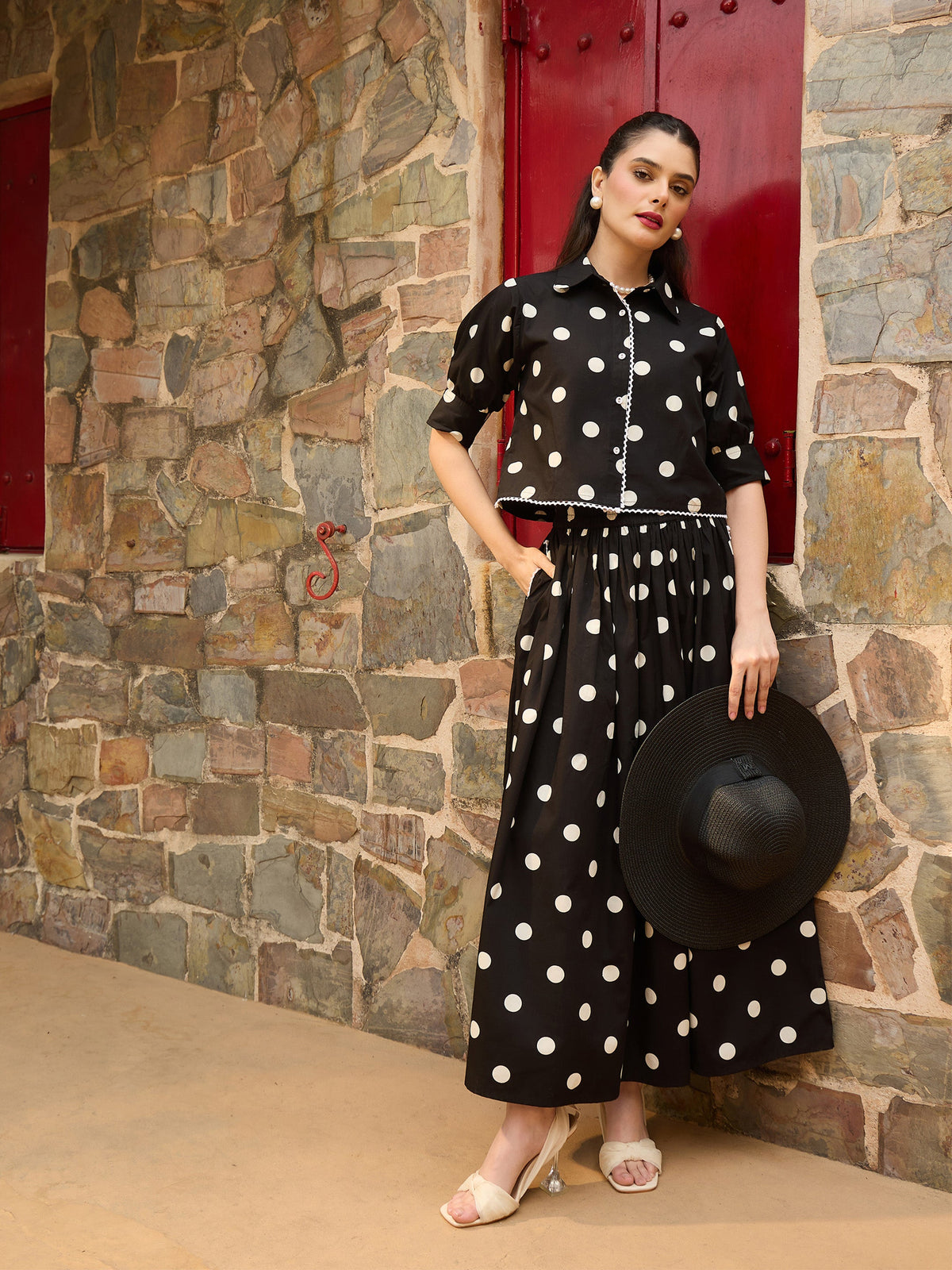 Black & White Big Polka Dot Shirt With Skirt-Pink Paprika By SASSAFRAS