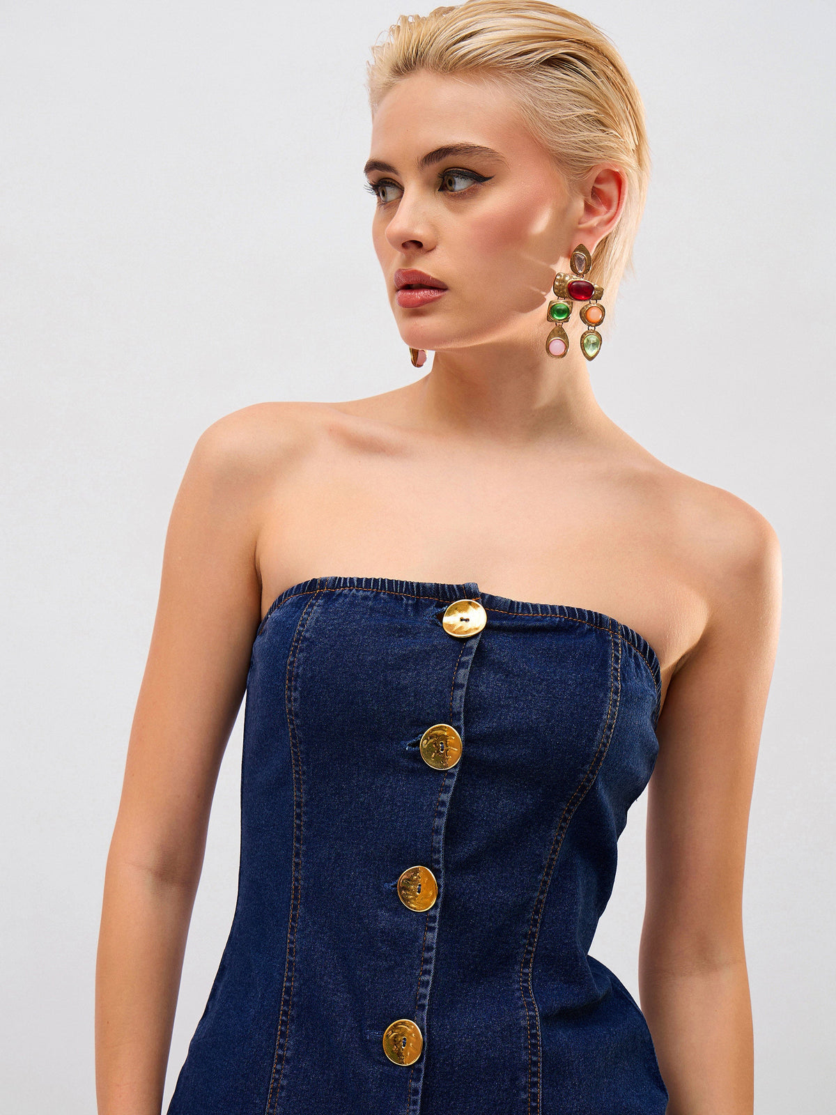 Navy Denim Button Down Tube Top With Straight Jeans-SASSAFRAS