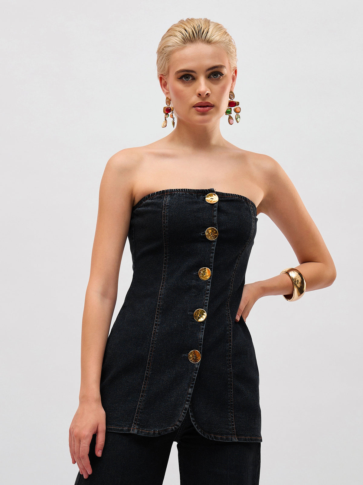 Black Denim Button Down Tube Top With Straight Jeans-SASSAFRAS