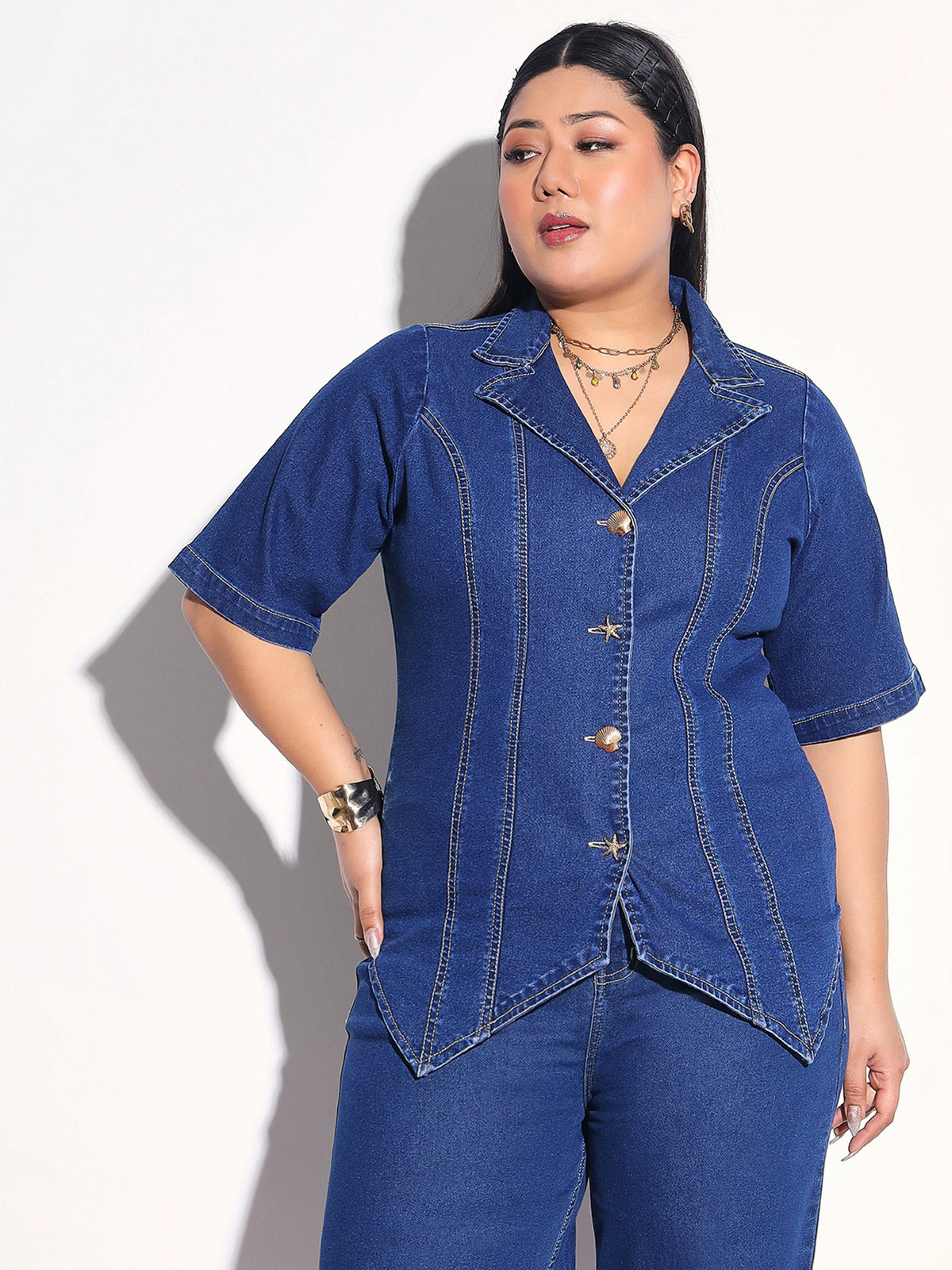 Navy Denim Collar Top With Bottom Fold Jeans-SASSAFRAS Curve