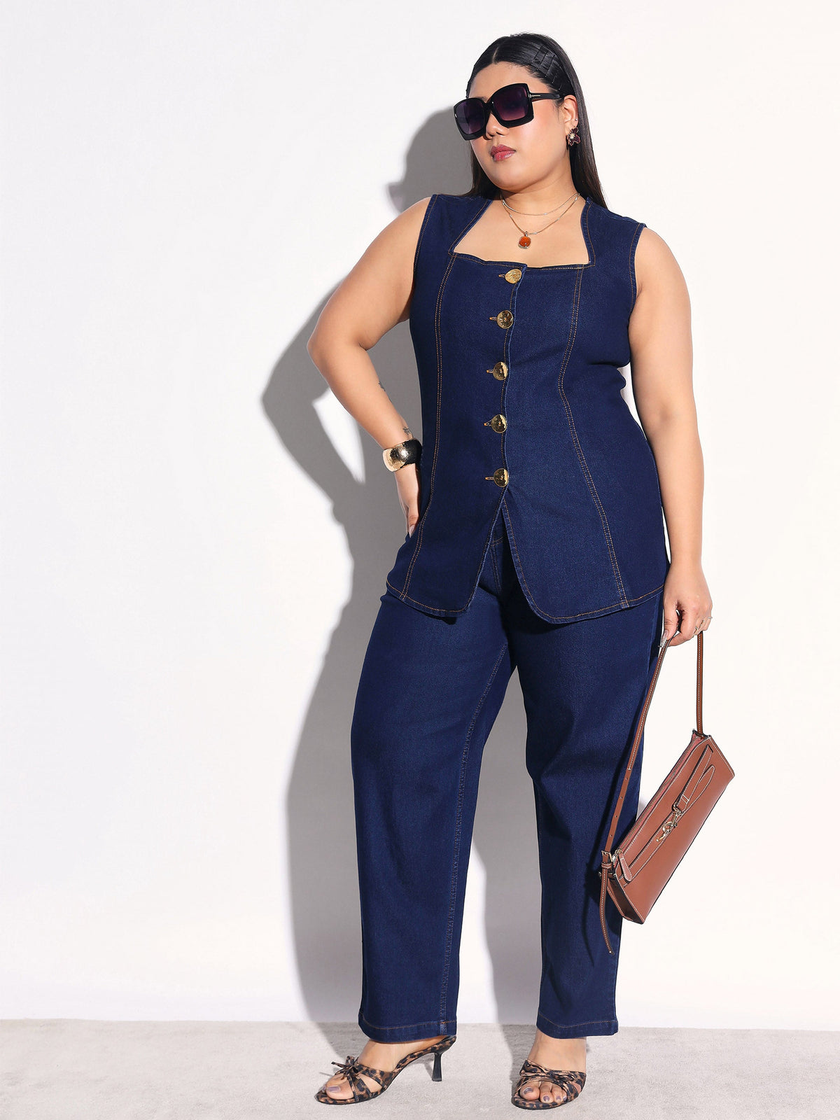 Navy Denim Sleeveless Top With Mom Fit Jeans -SASSAFRAS Curve