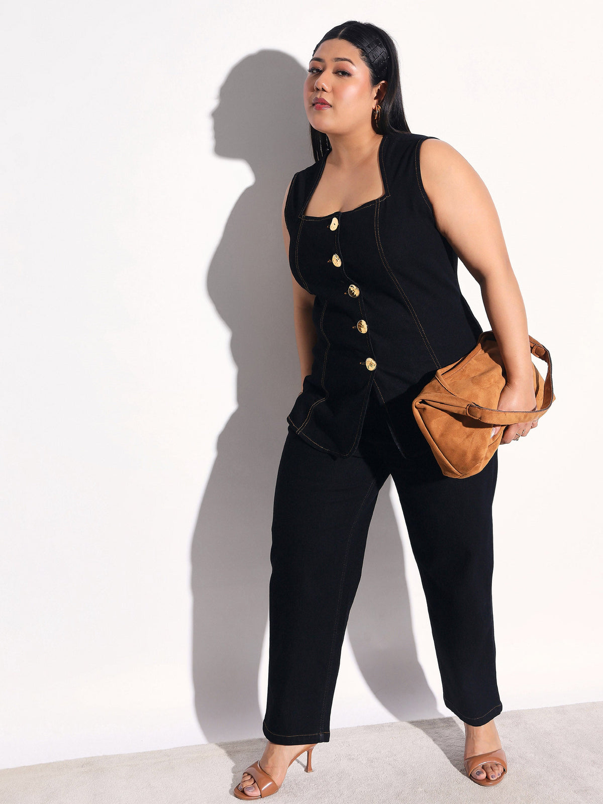 Black Denim Sleeveless Top With Mom Fit Jeans -SASSAFRAS Curve
