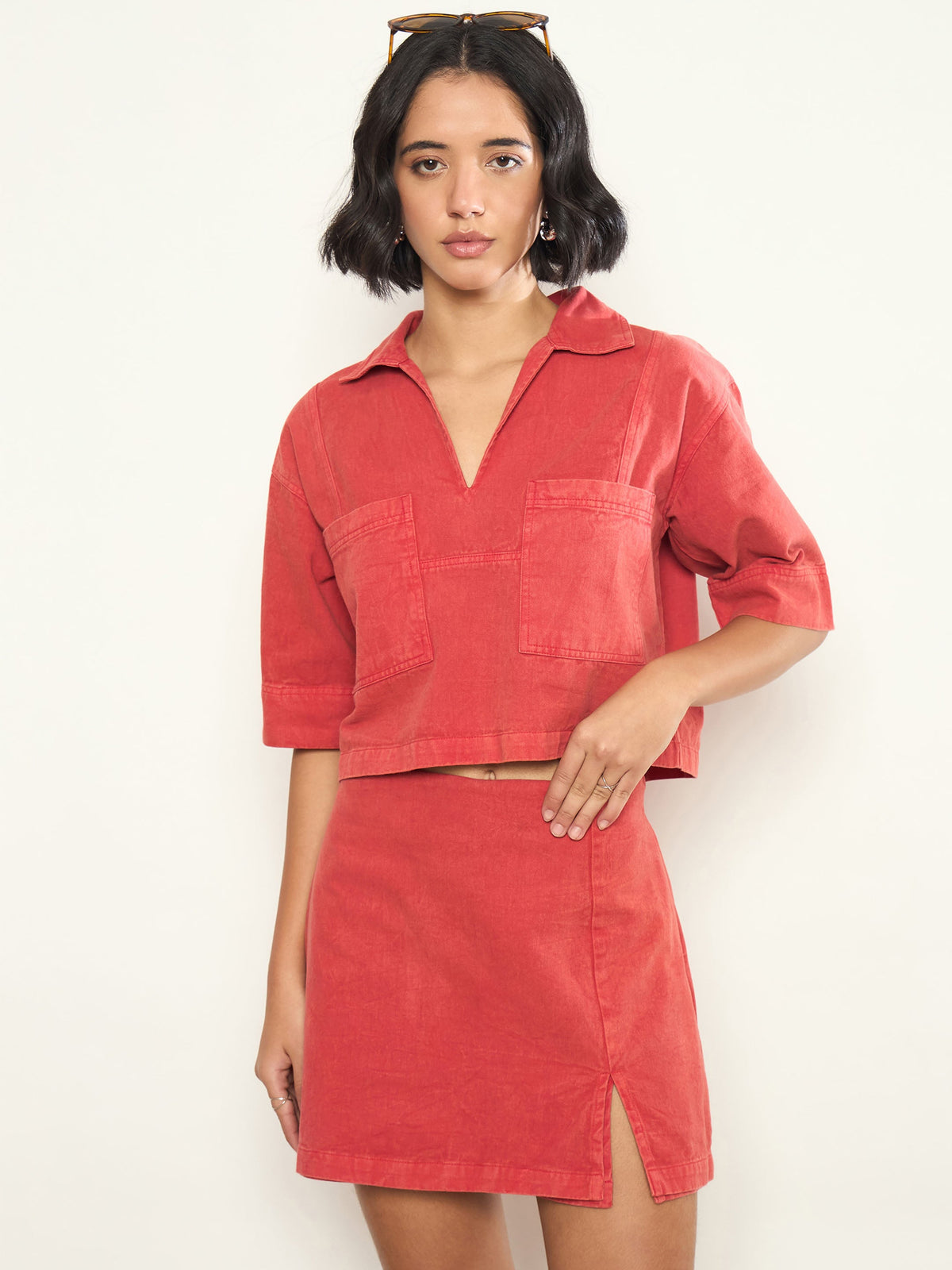 Red Overdyed Patch Pocket Crop Top With Skorts-SASSAFRAS