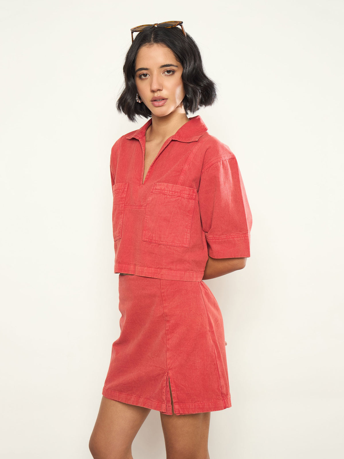 Red Overdyed Patch Pocket Crop Top With Skorts-SASSAFRAS
