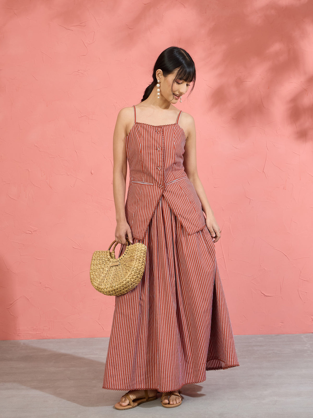 Brown Pin Stripe Strappy Vest Top With Gathered Skirt -Pink Paprika by SASSAFRAS