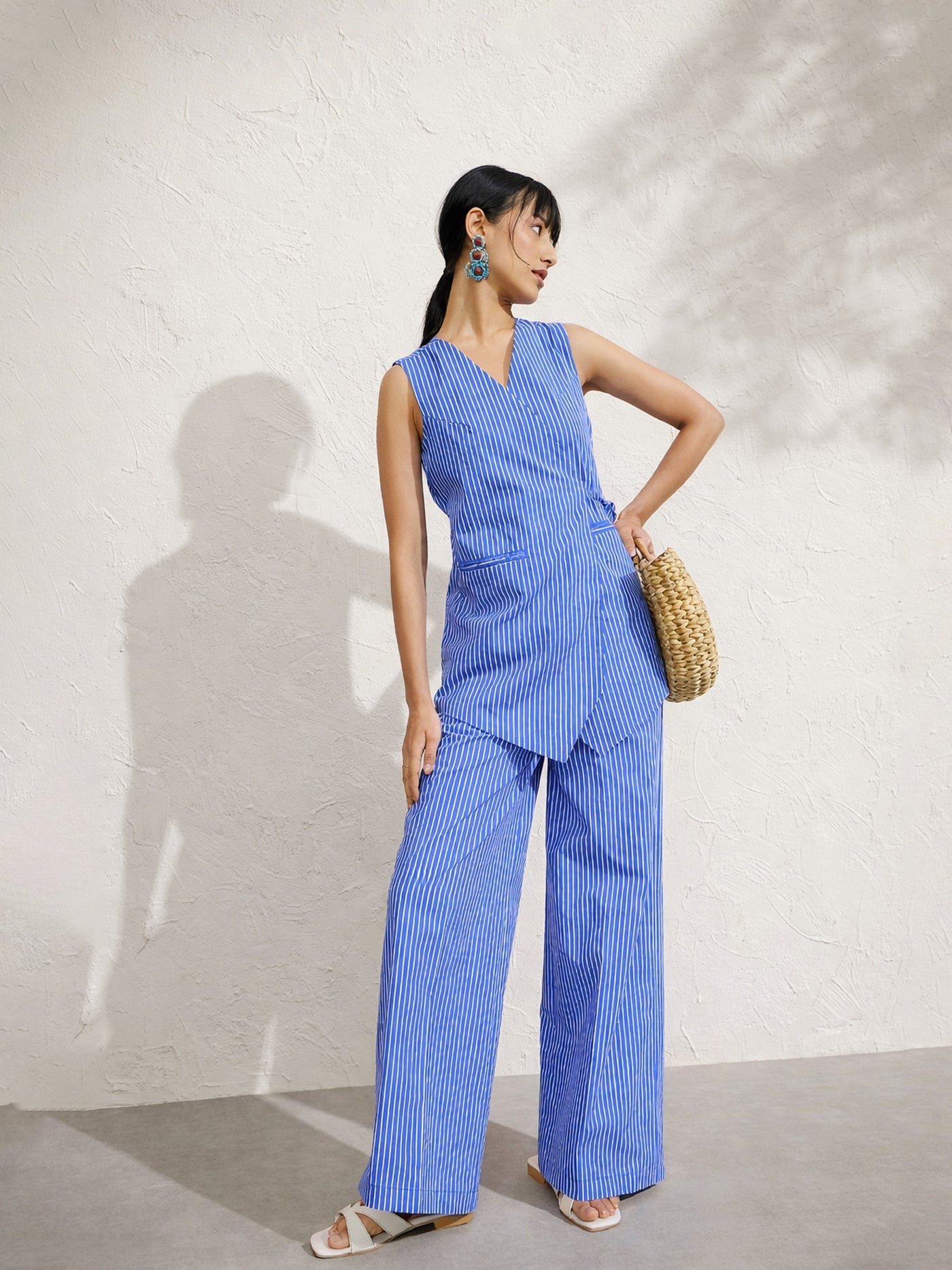 Blue Pin Stripe Wrap Vest With Pants-Pink Paprika by SASSAFRAS
