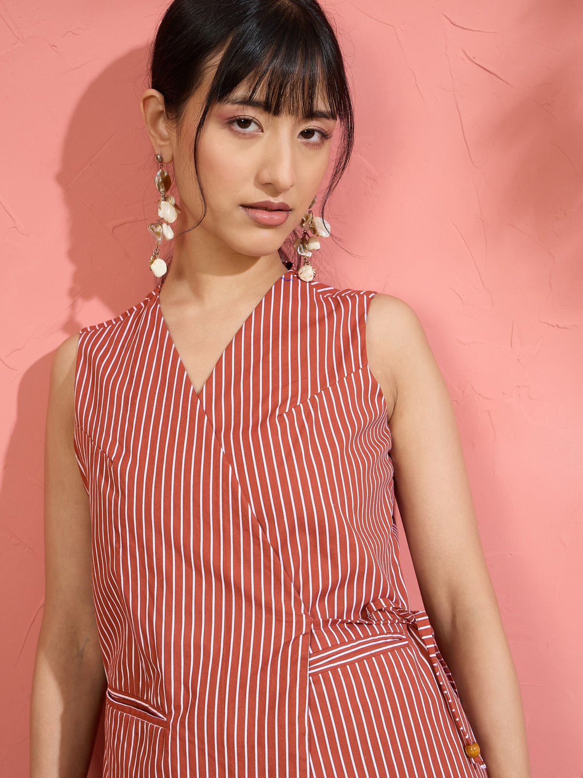 Brown Pin Stripe Wrap Vest With Pants-Pink Paprika by SASSAFRAS