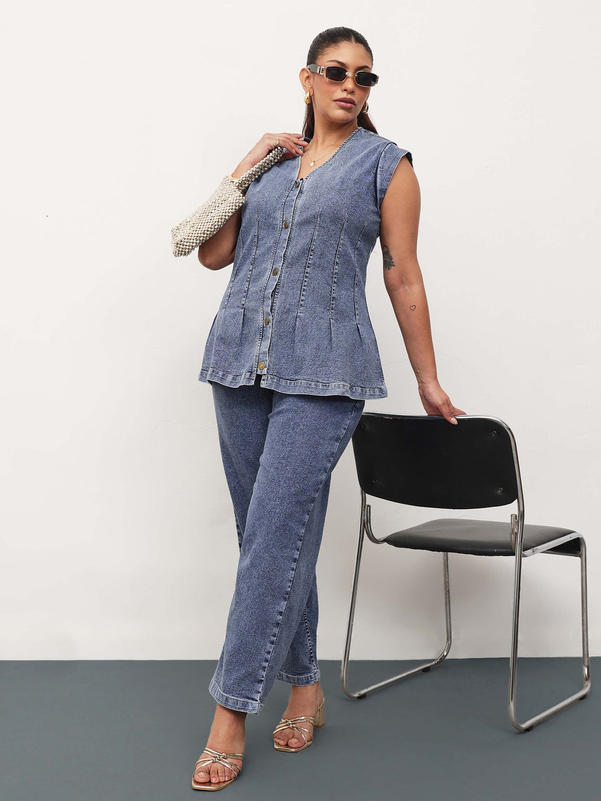 Blue Blast Denim Button Down Top With Mom Fit Jeans-SASSAFRAS Curve