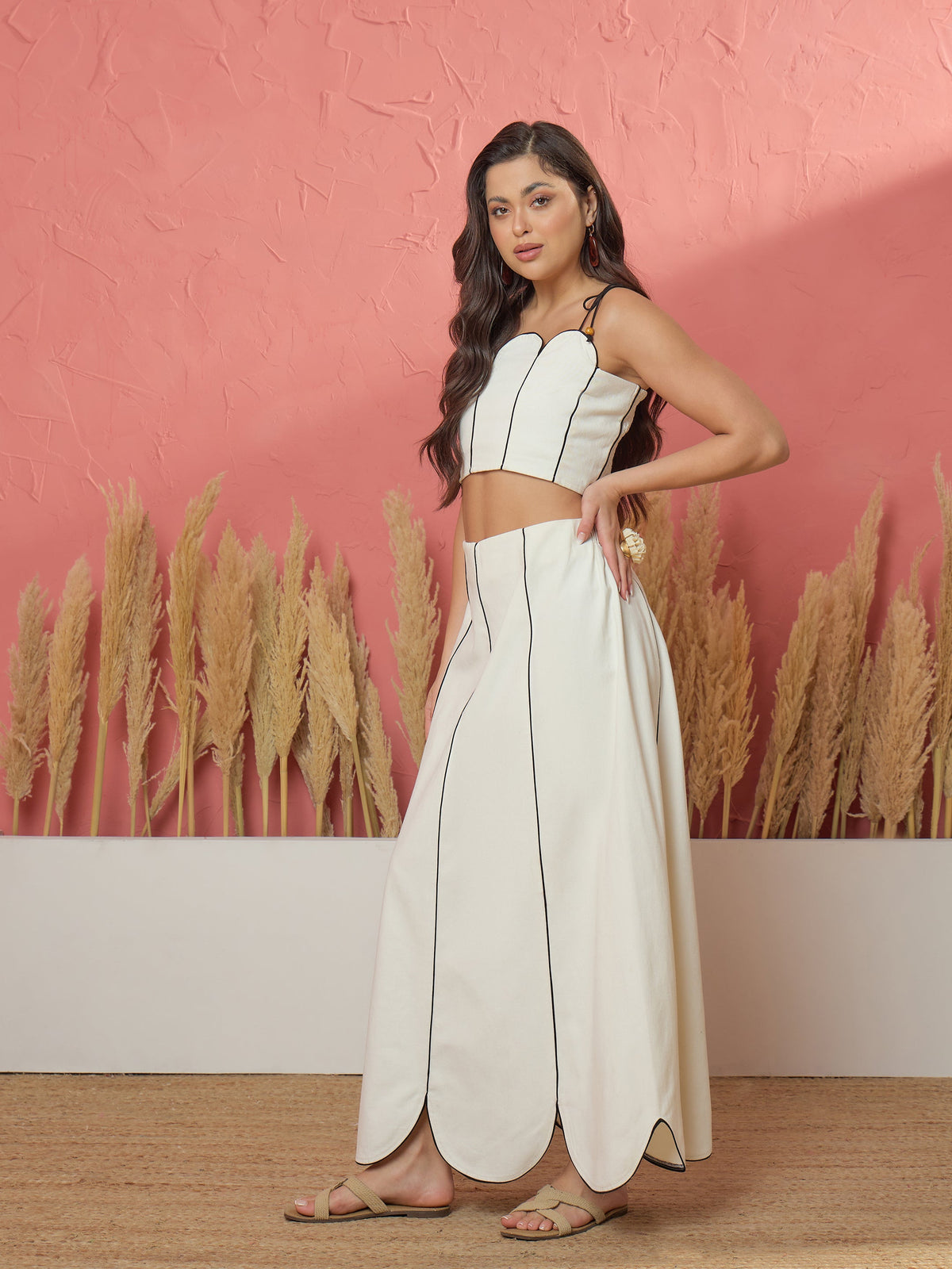 White Twill Strappy Crop Top With Scalloped Skirt -Pink Paprika by SASSAFRAS