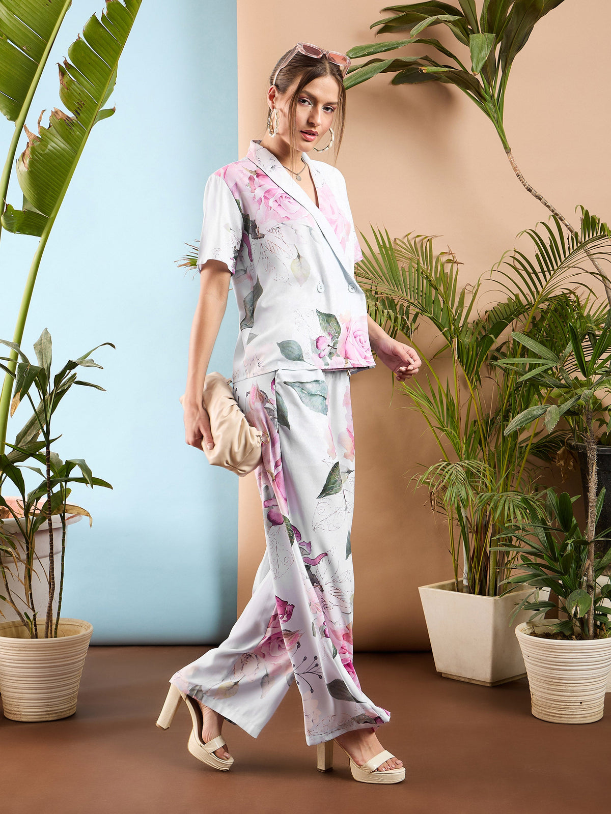 White Floral Shawl Collar Top With Pants-SASSAFRAS