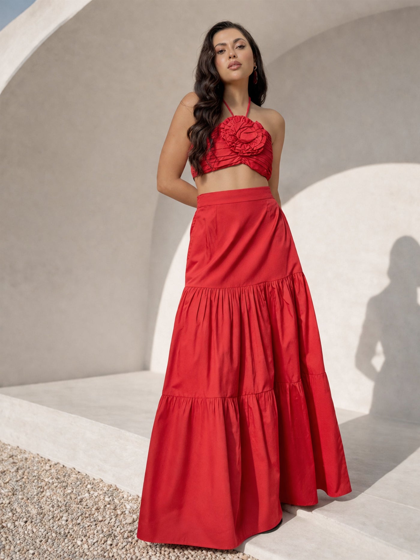 Red Front Corsage Tube Top With Tiered Skirt-Pink Paprika by SASSAFRAS