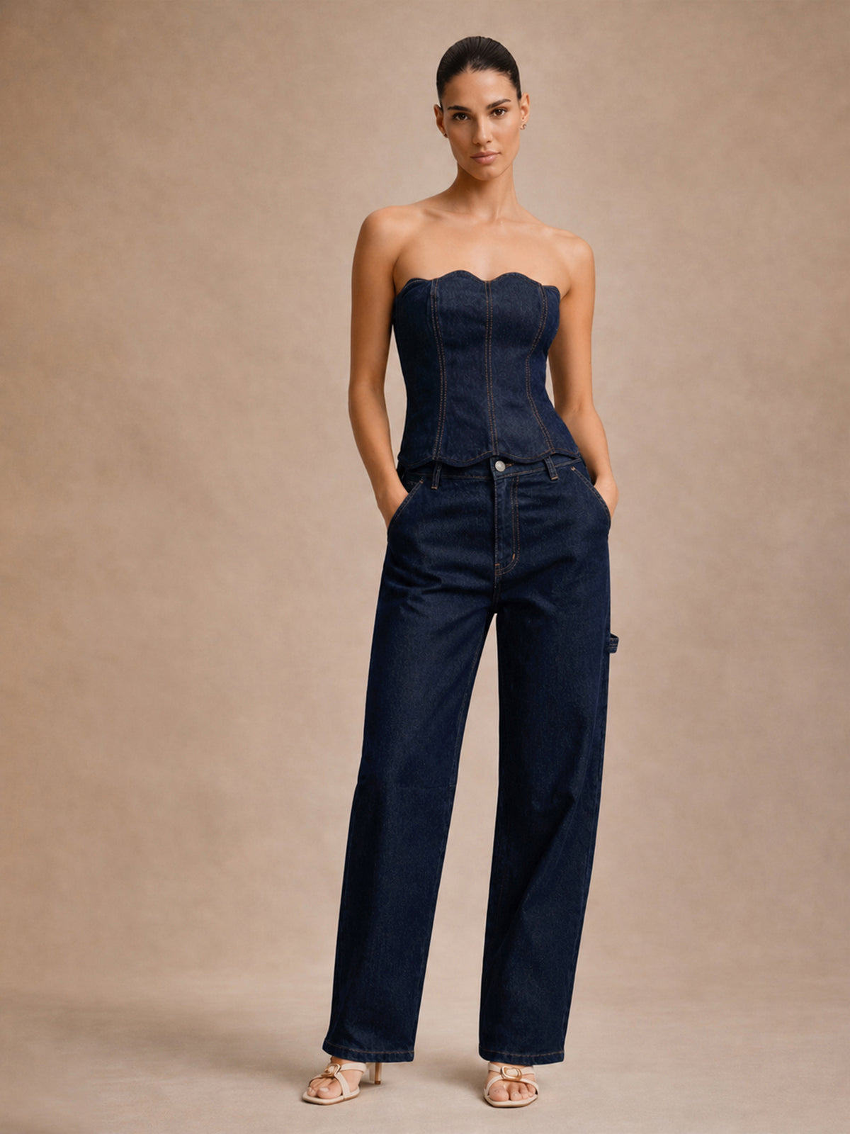 Blue Denim Tube Top With Mom Fit Jeans-SASSAFRAS