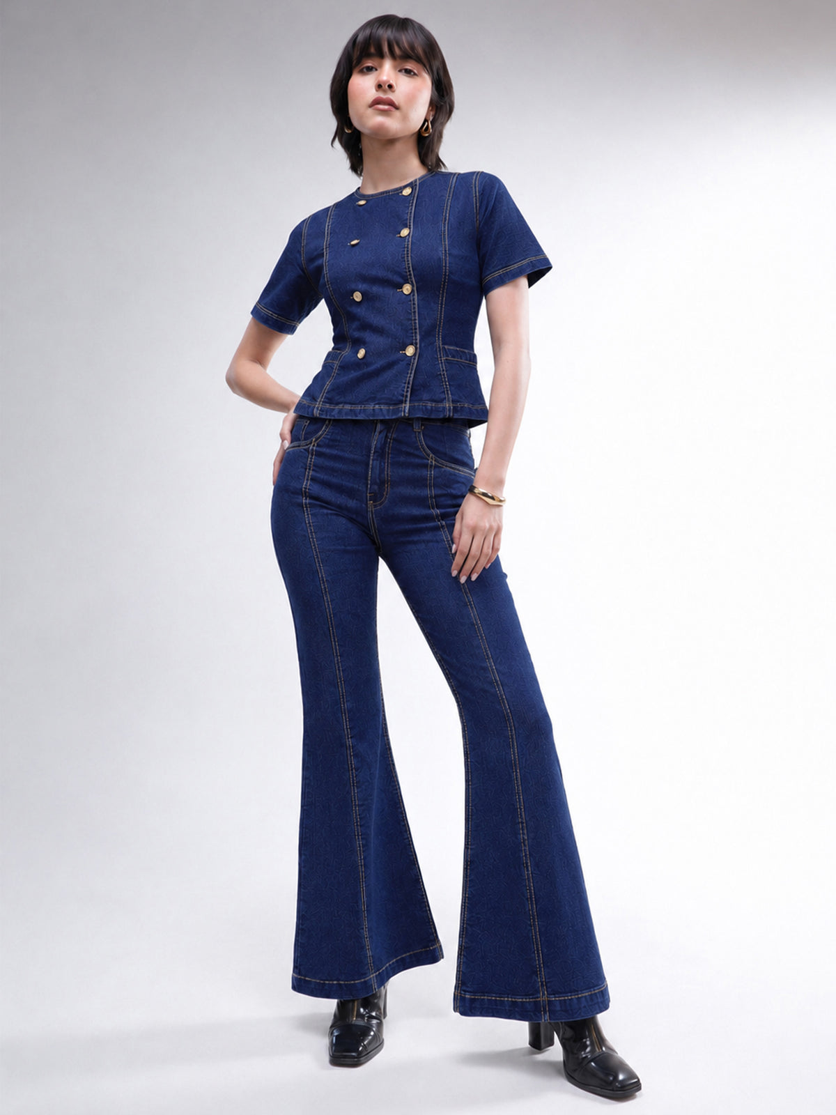 Navy Denim Button Down Top With Bell Bottom Jeans-SASSAFRAS