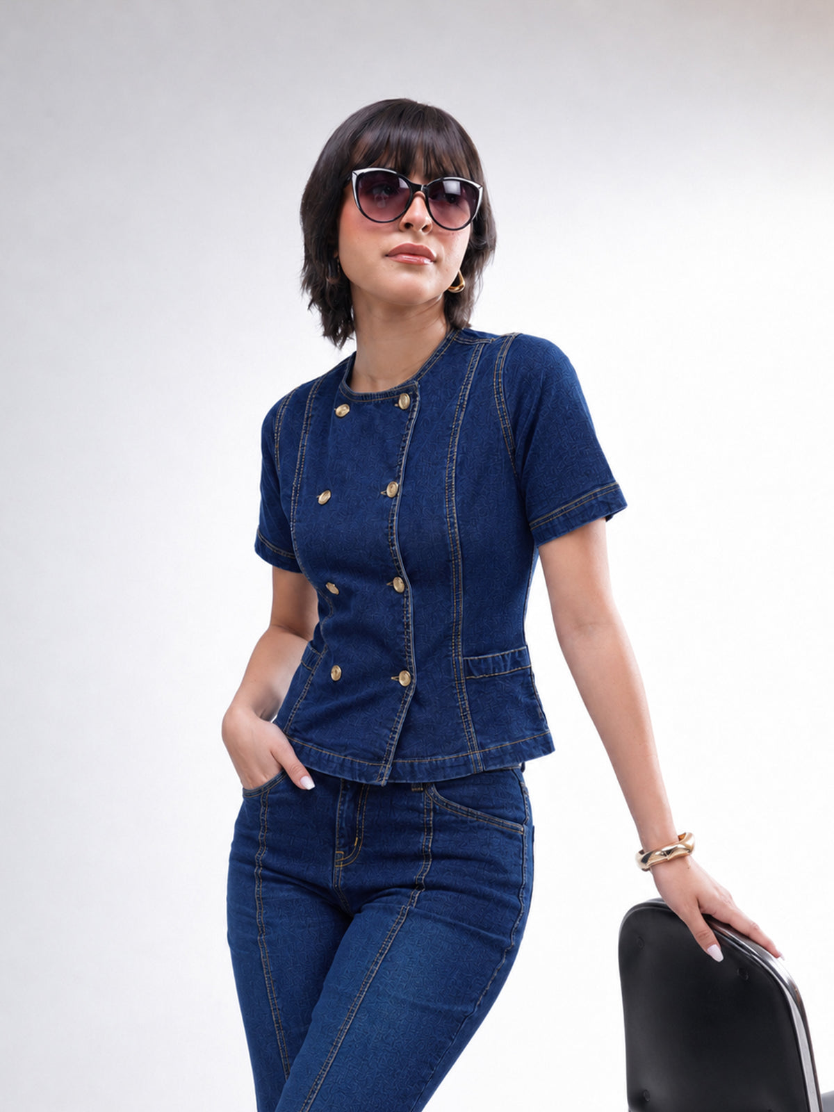 Navy Denim Button Down Top With Bell Bottom Jeans-SASSAFRAS