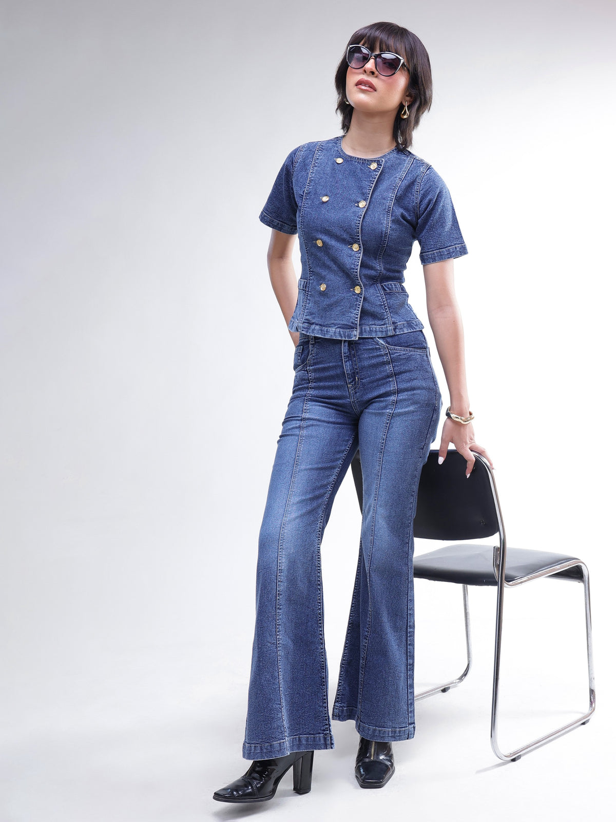 Blue Denim Button Down Top With Bell Bottom Jeans-SASSAFRAS