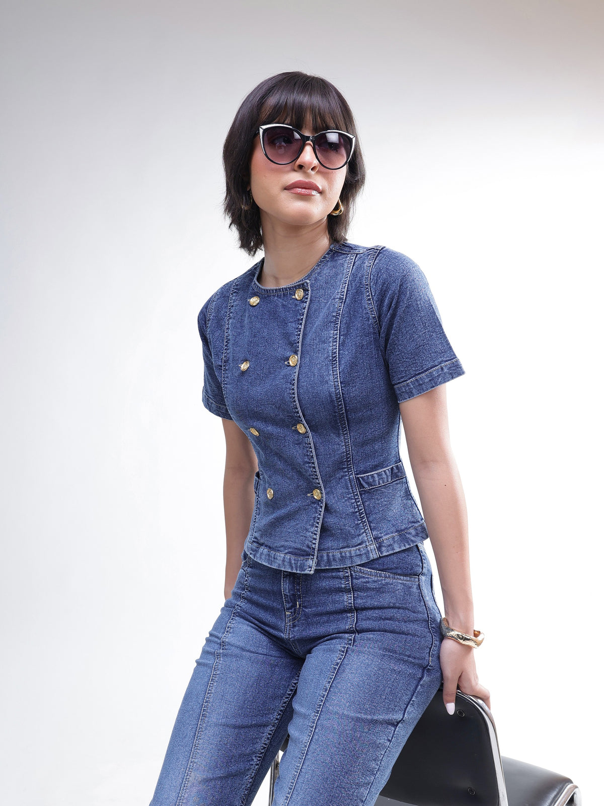 Blue Denim Button Down Top With Bell Bottom Jeans-SASSAFRAS