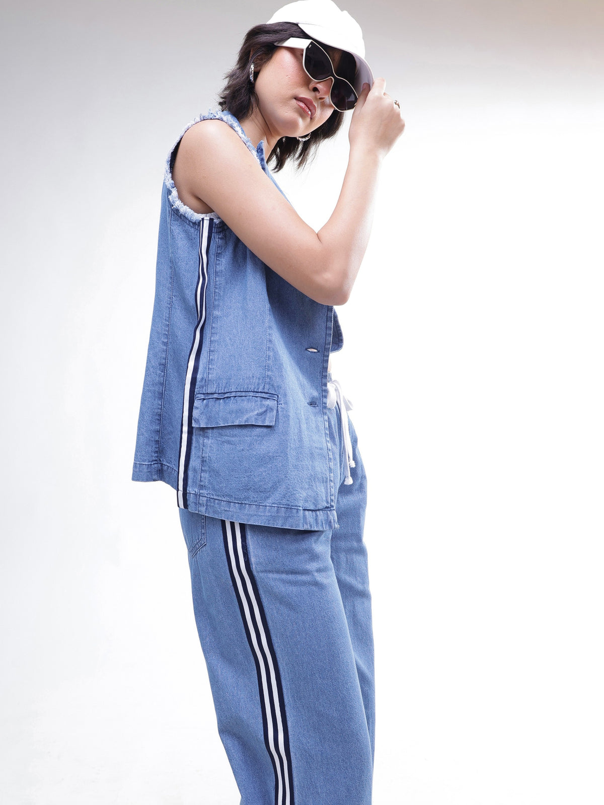 Blue Denim Sleeveless Blazer With Wide Leg Jeans-SASSAFRAS