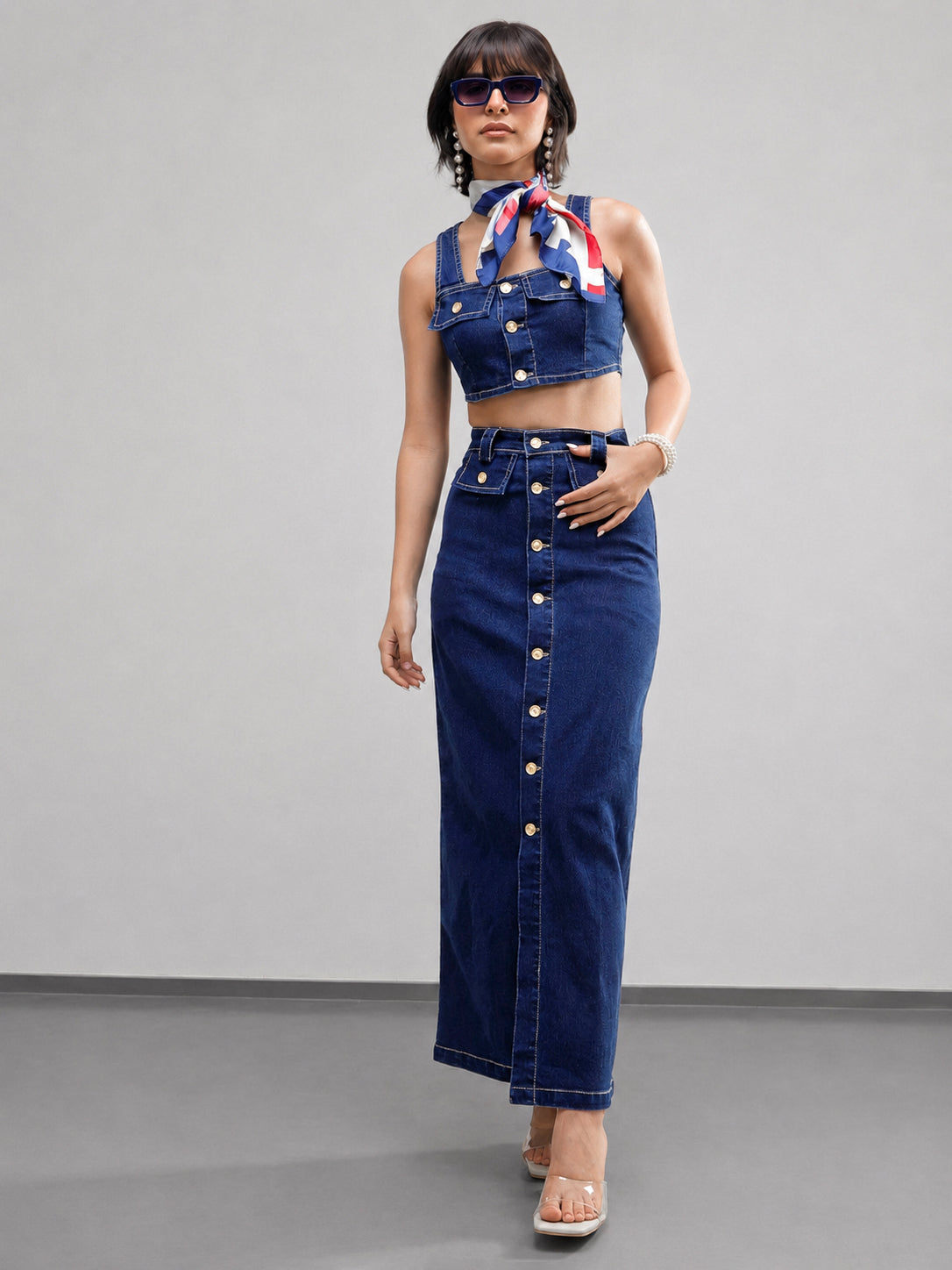 Navy Denim Front Button Crop Top With Skirt-SASSAFRAS