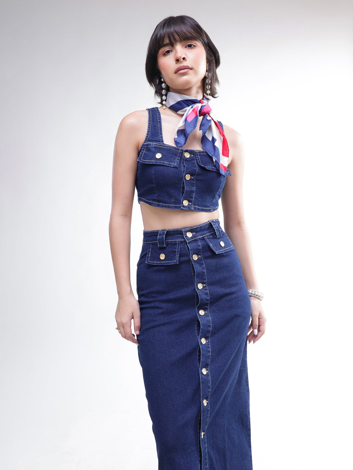 Navy Denim Front Button Crop Top With Skirt-SASSAFRAS