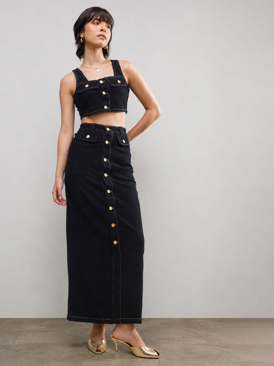 Black Denim Front Button Crop Top With Skirt-SASSAFRAS