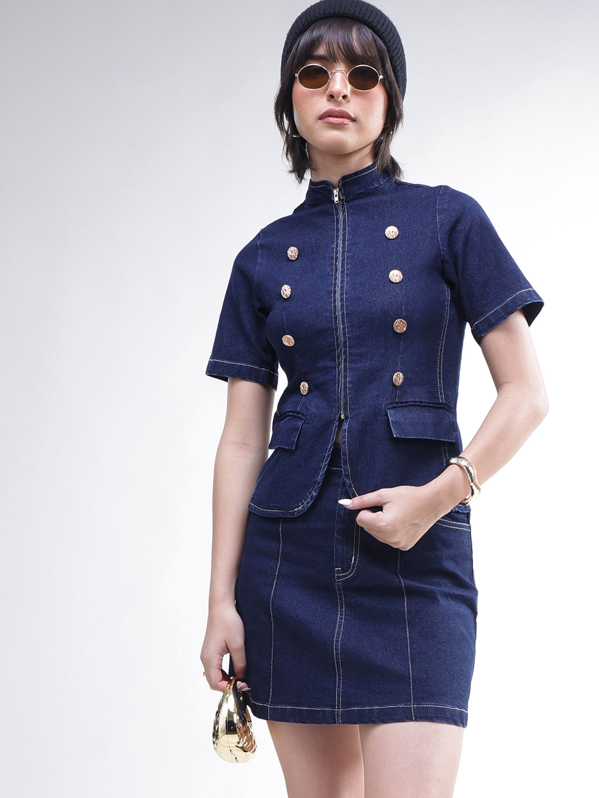 Navy Denim Front Zipper Top With Mini Skirt-SASSAFRAS