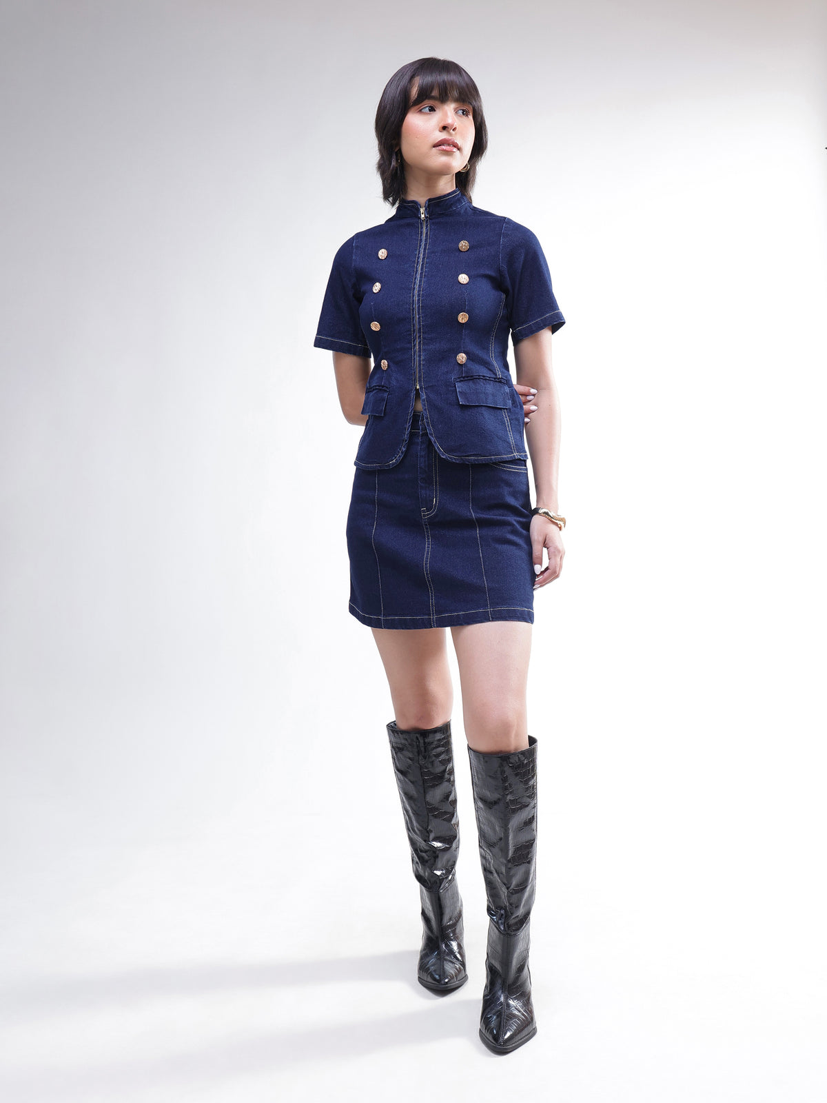 Navy Denim Front Zipper Top With Mini Skirt-SASSAFRAS