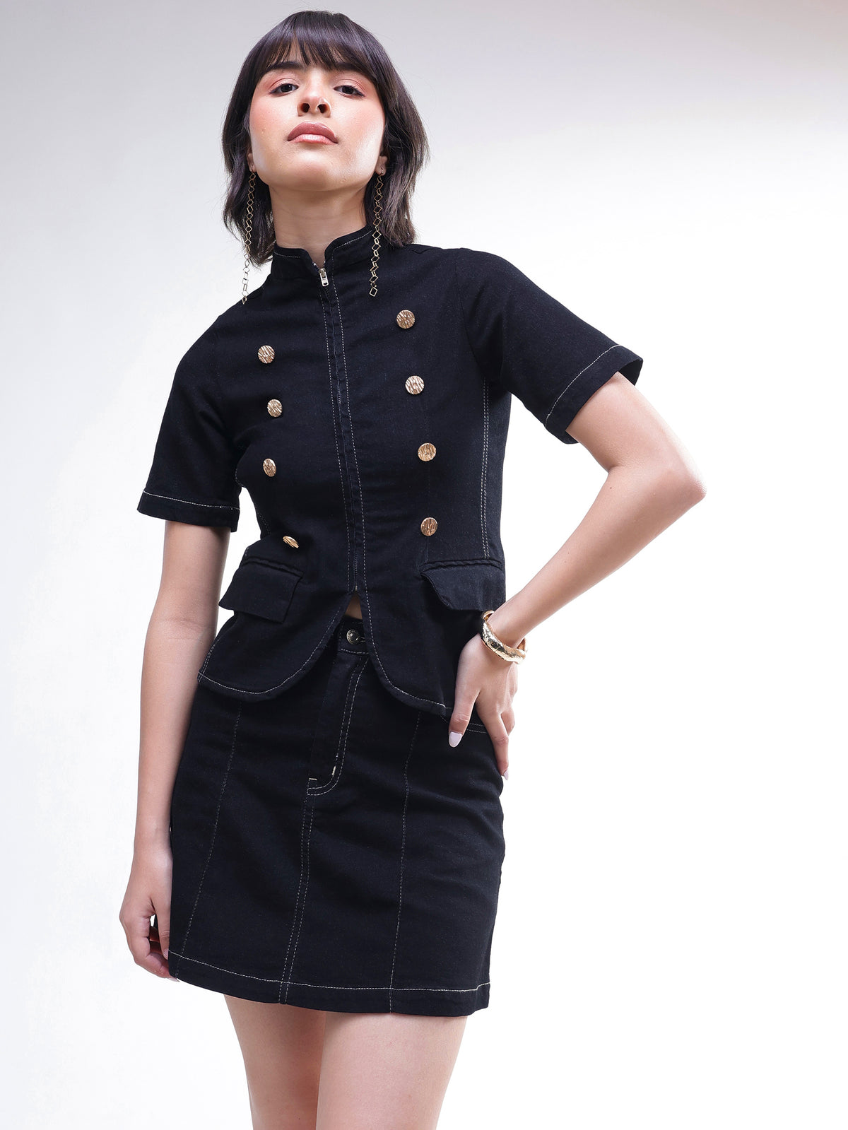 Black Denim Front Zipper Top With Mini Skirt-SASSAFRAS