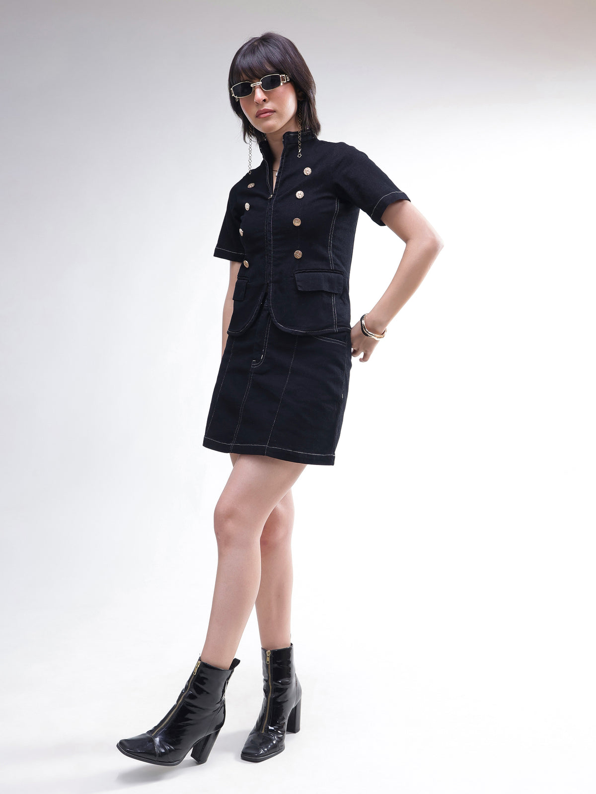 Black Denim Front Zipper Top With Mini Skirt-SASSAFRAS