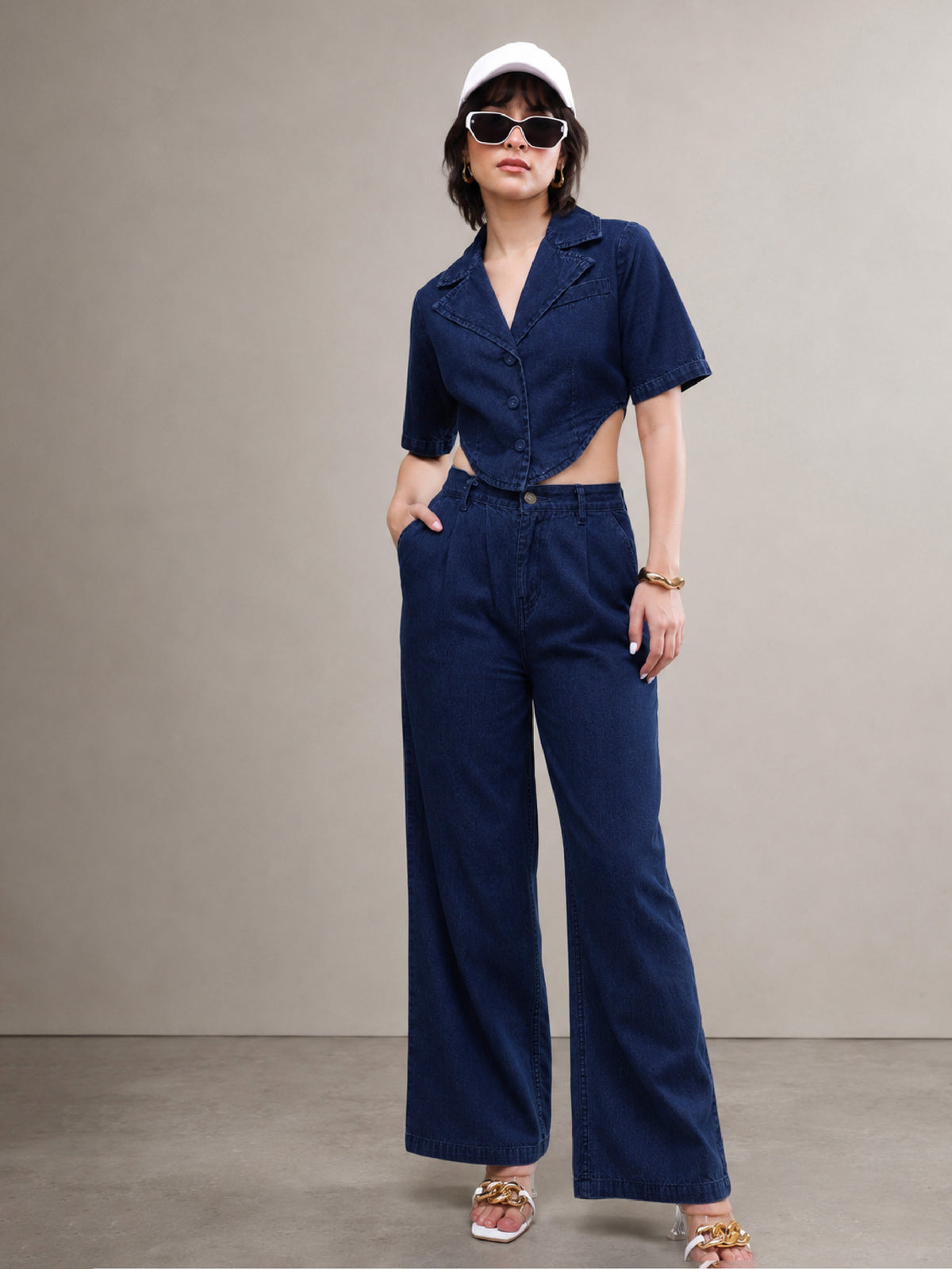 Navy Back Cut-Out Crop Top With Straight Jeans-SASSAFRAS
