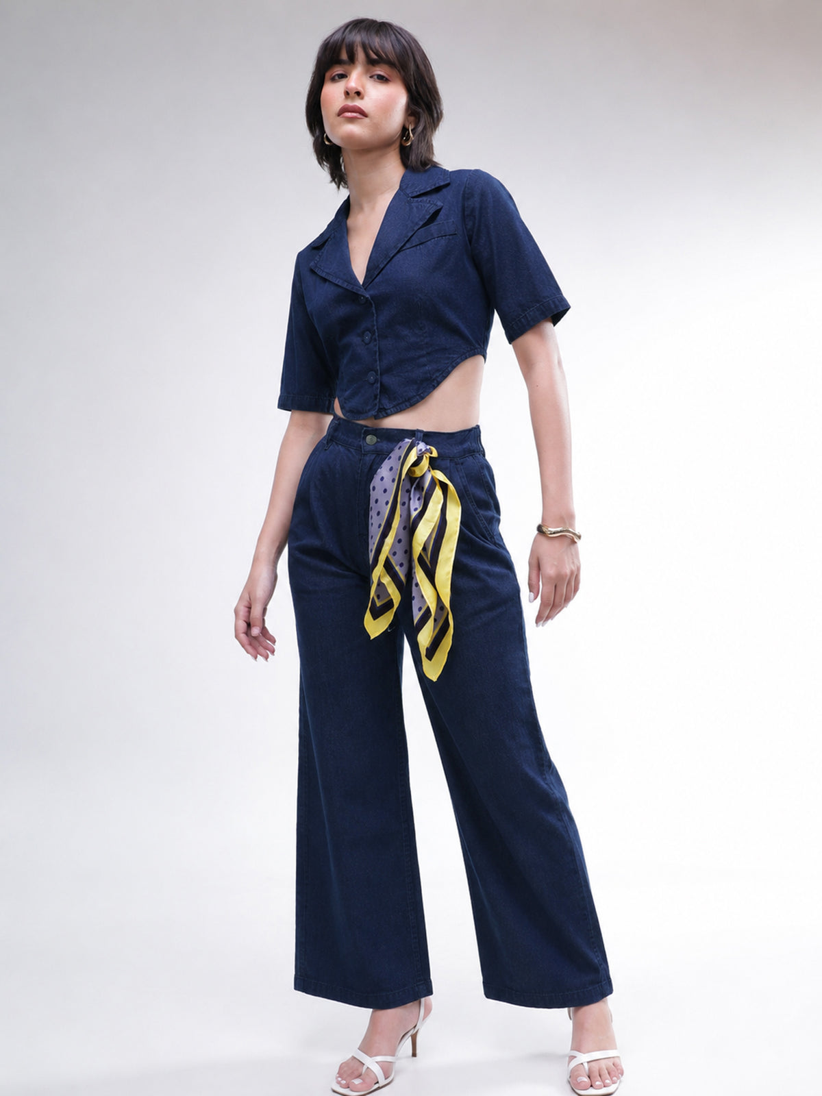 Navy Back Cut-Out Crop Top With Straight Jeans-SASSAFRAS