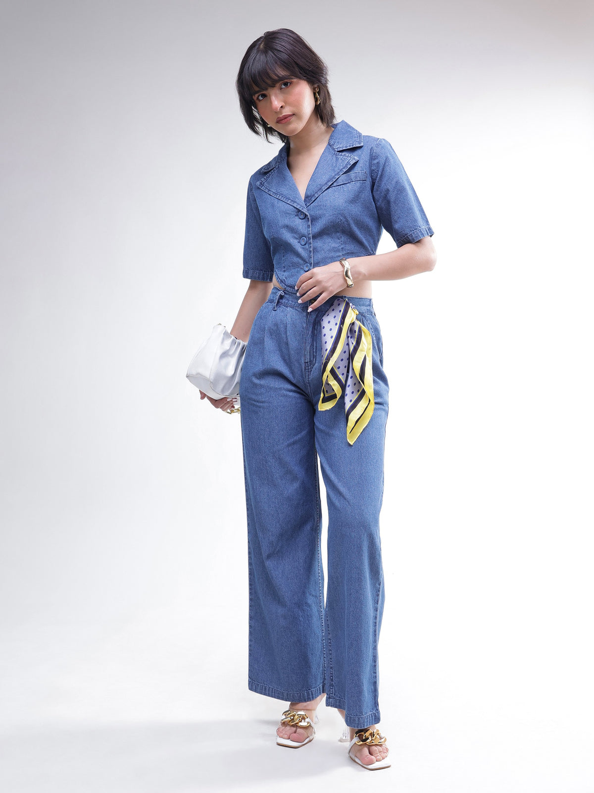 Blue Back Cut-Out Crop Top With Straight Jeans-SASSAFRAS